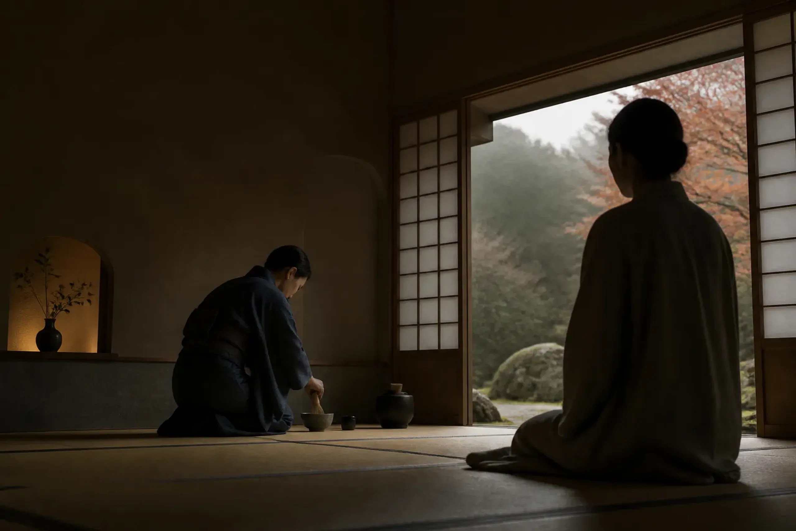Tea master preparing matcha in a private tatami room at a Kyoto temple