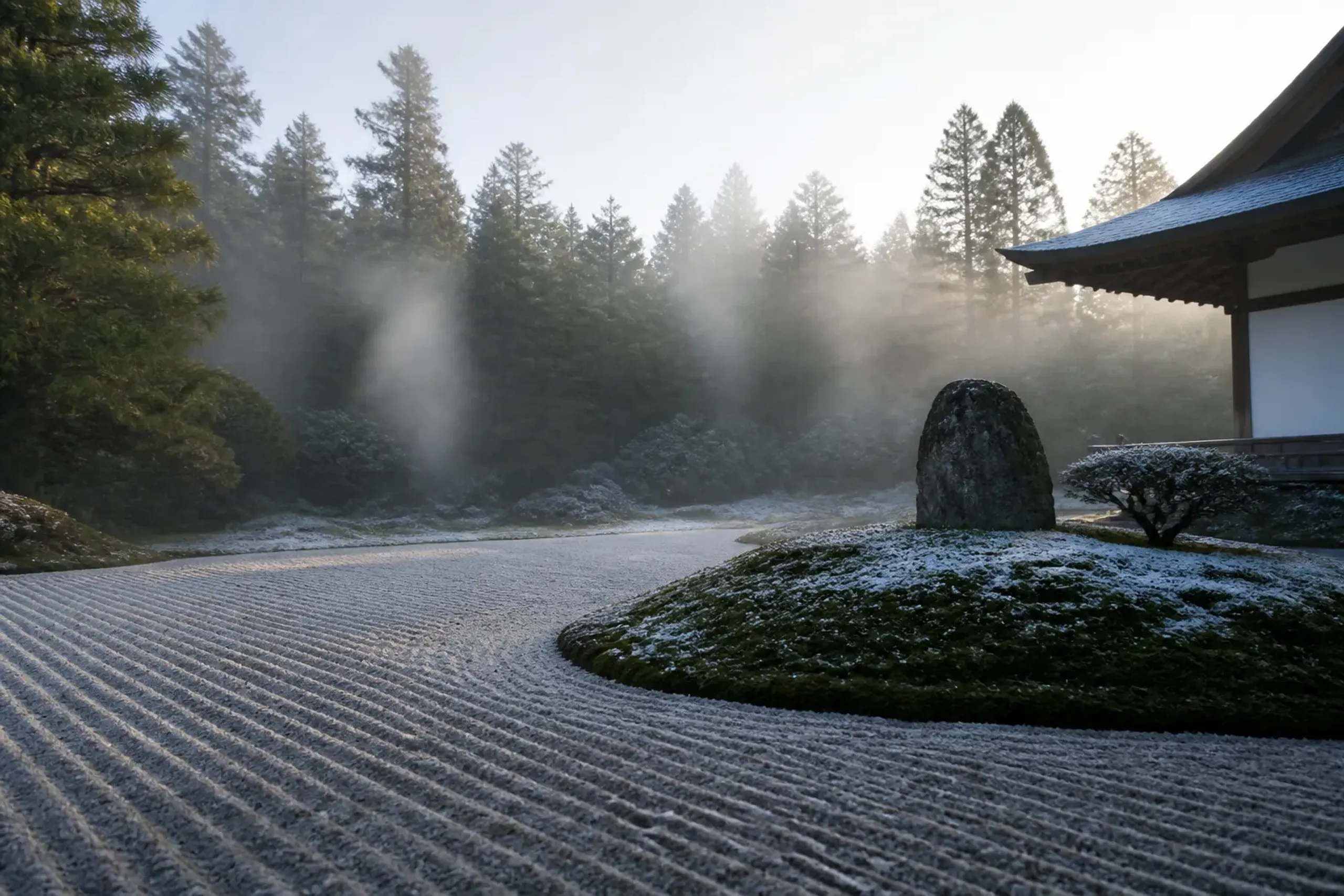 Empty moss and gravel Kyoto temple garden at first light with rising mist