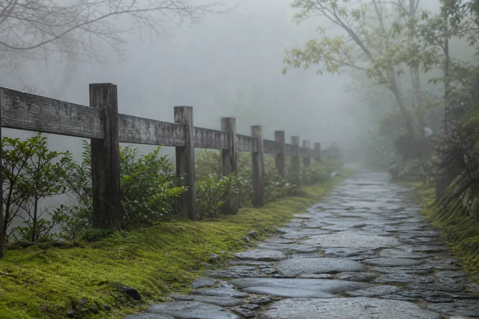 Quiet Kyoto stone path with moss and soft morning light