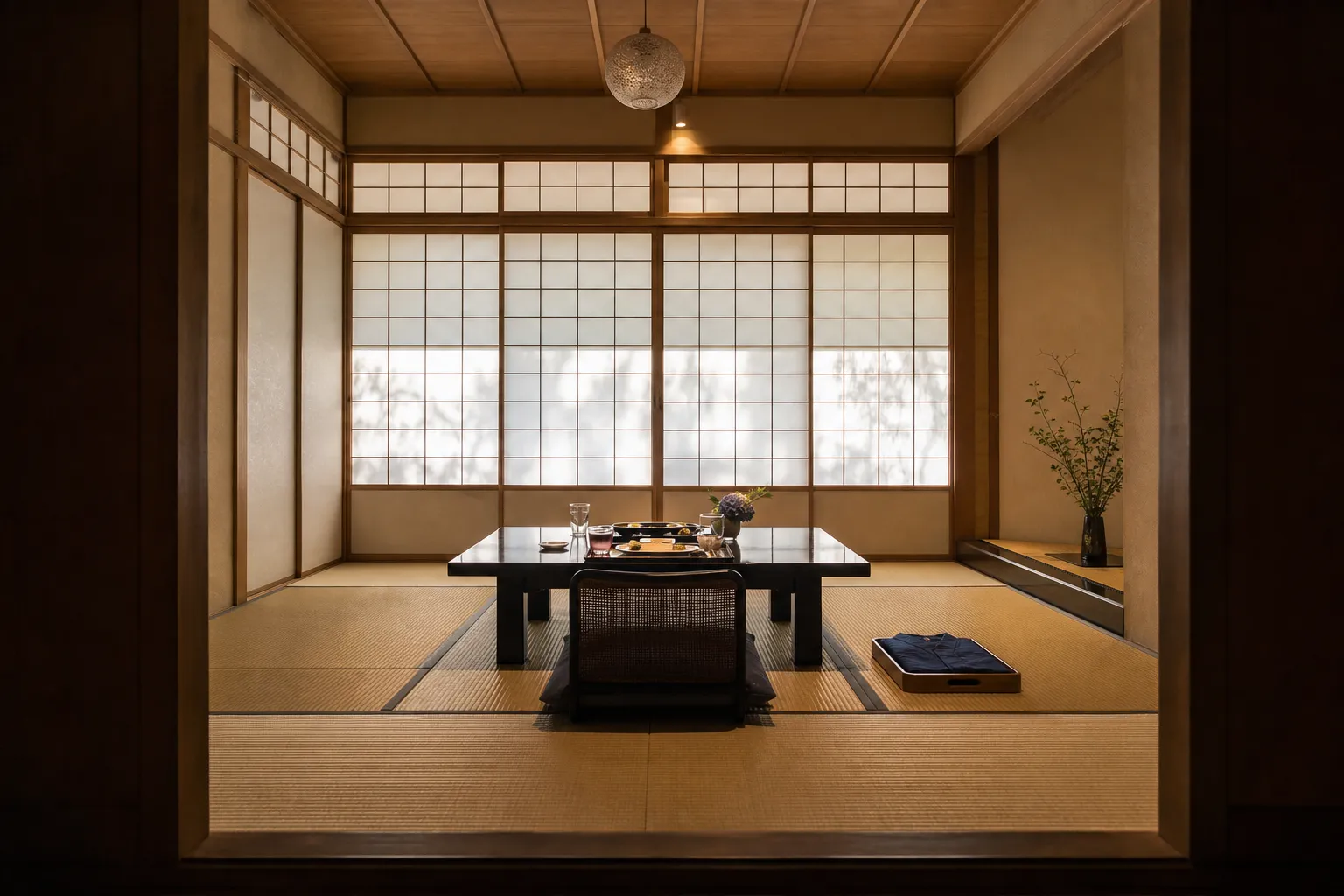 Tatami ryokan room with shoji screens and a low table prepared for a meal