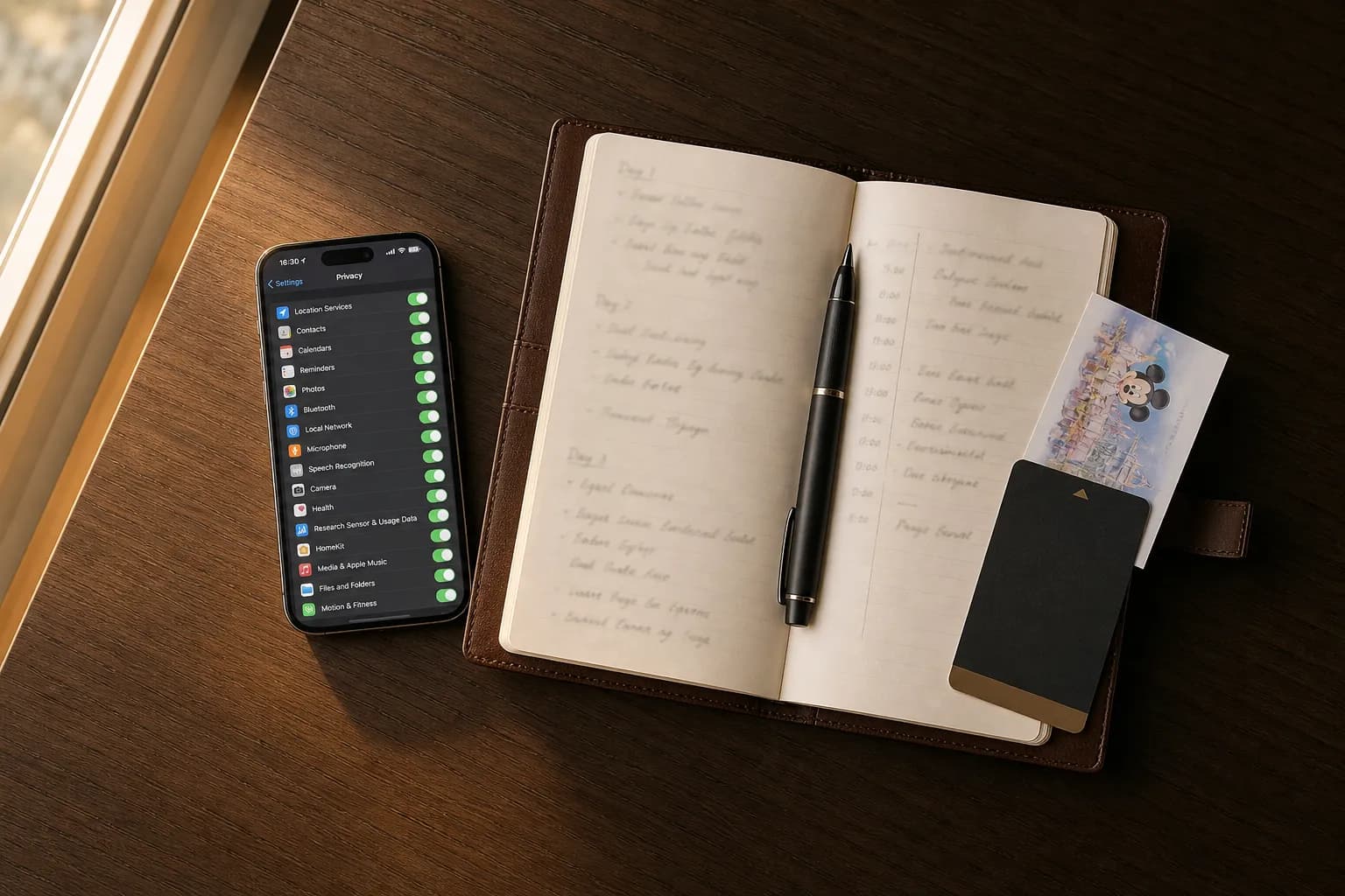 Minimal travel desk setup showing phone privacy settings and a simple itinerary notebook