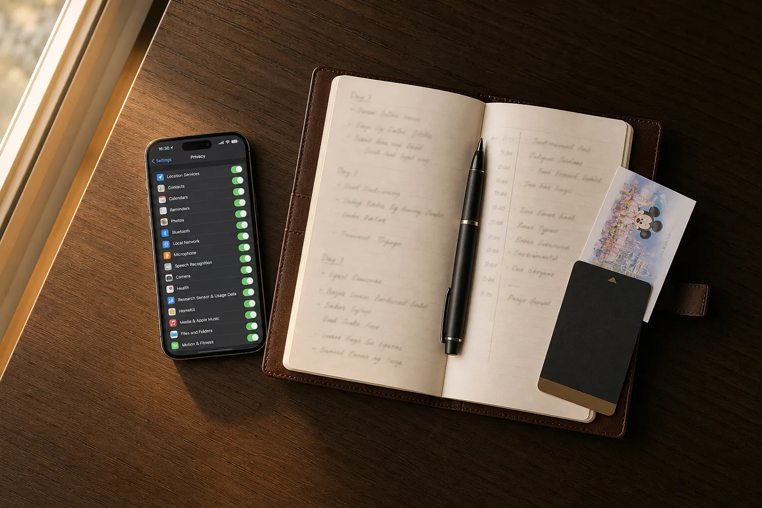 Minimal travel desk setup showing phone privacy settings and a simple itinerary notebook