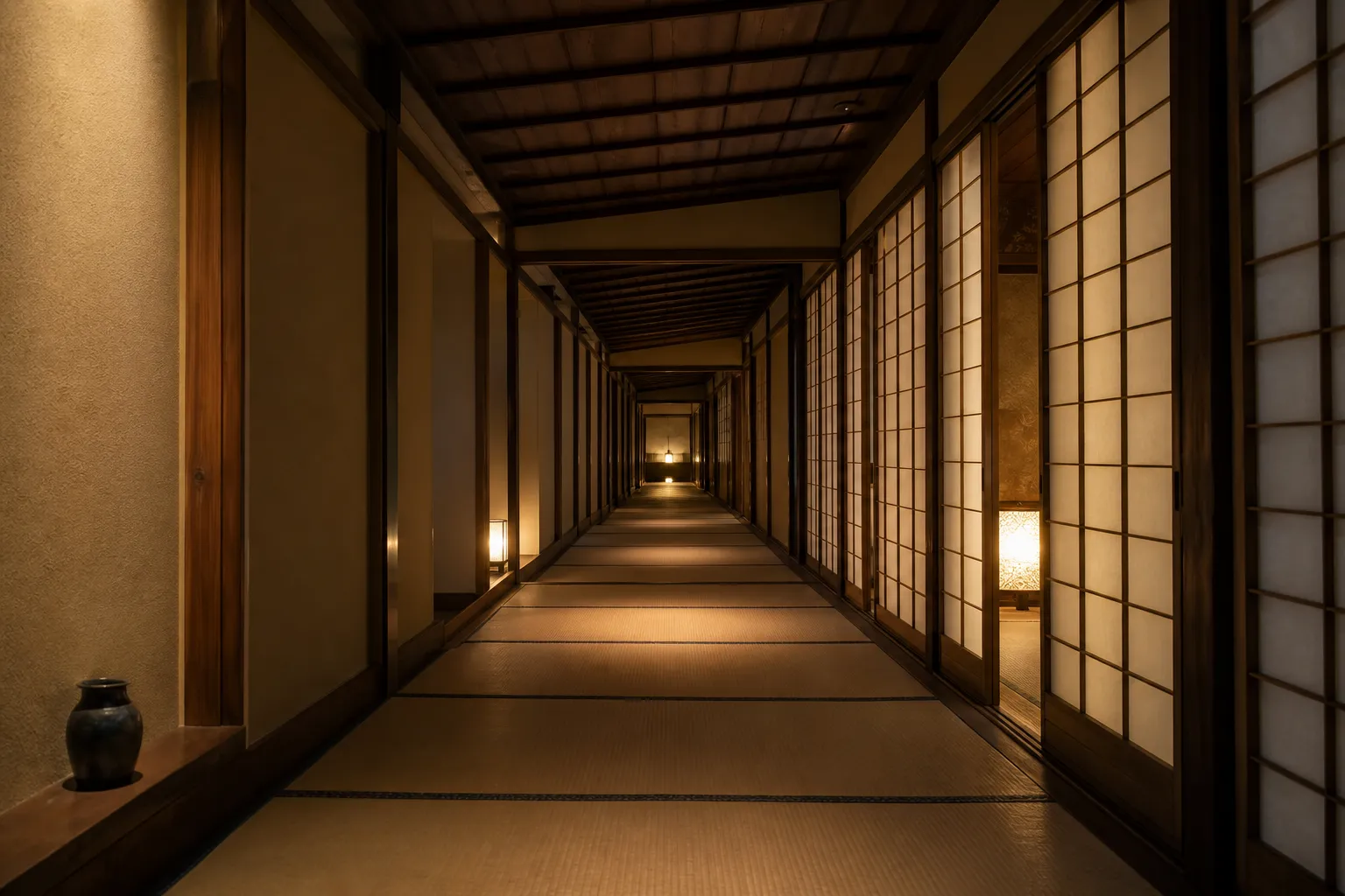 a quiet, immaculate ryokan corridor with tatami-matted flooring, sliding shoji screens, and softly glowing paper lanterns at dawn