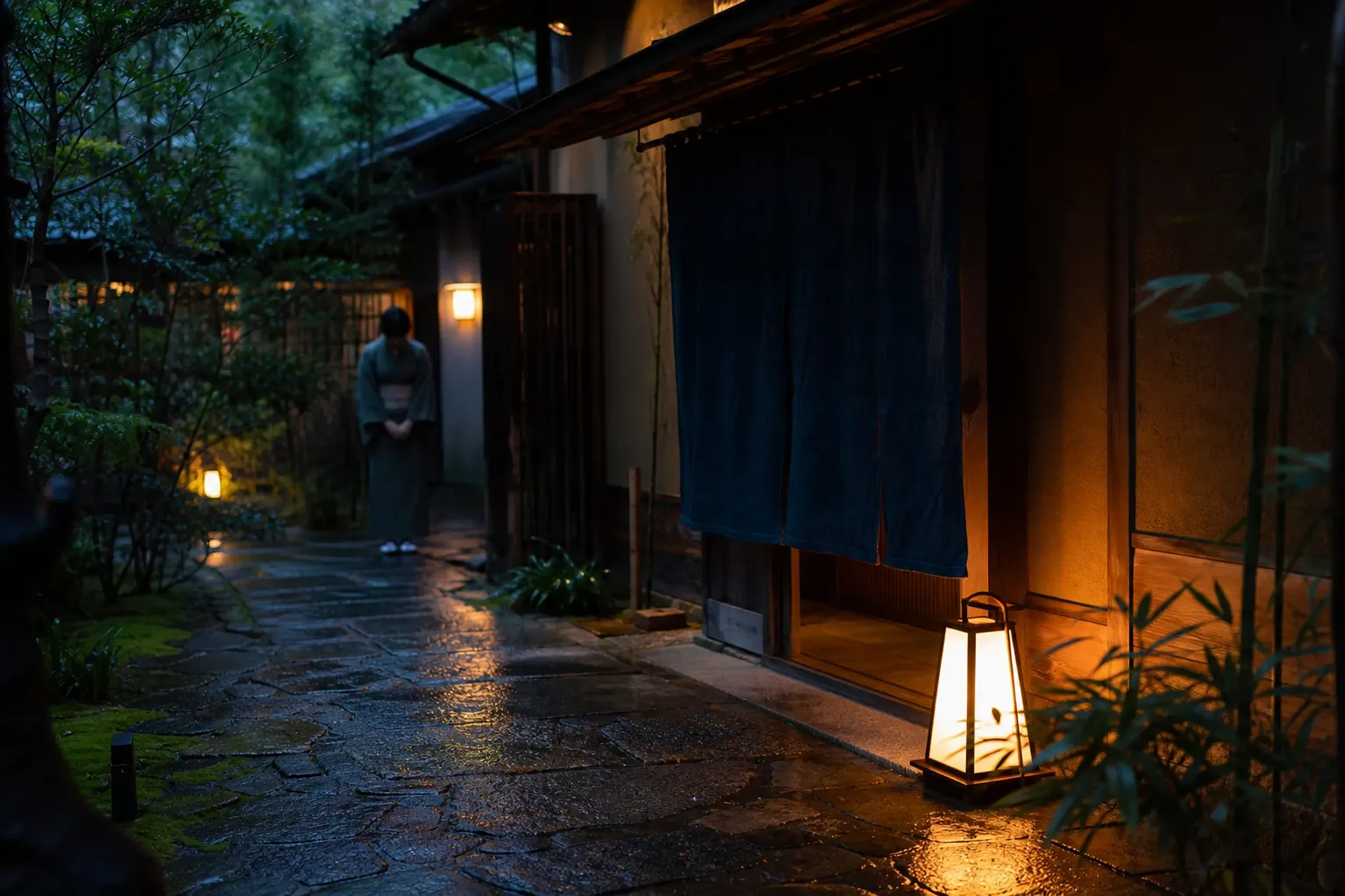 Discrete hotel entrance in Japan with noren curtain and warm lighting