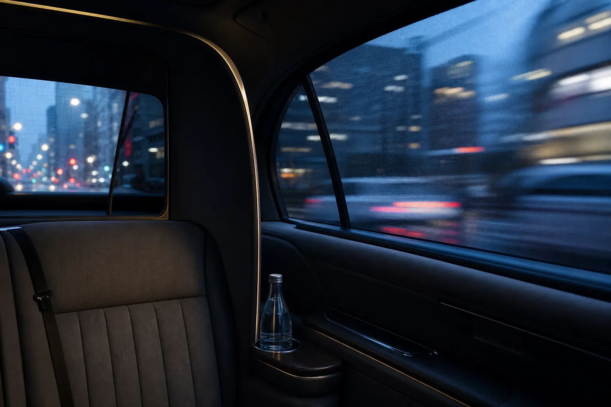 Rear cabin of a chauffeured luxury vehicle in Japan with tinted windows