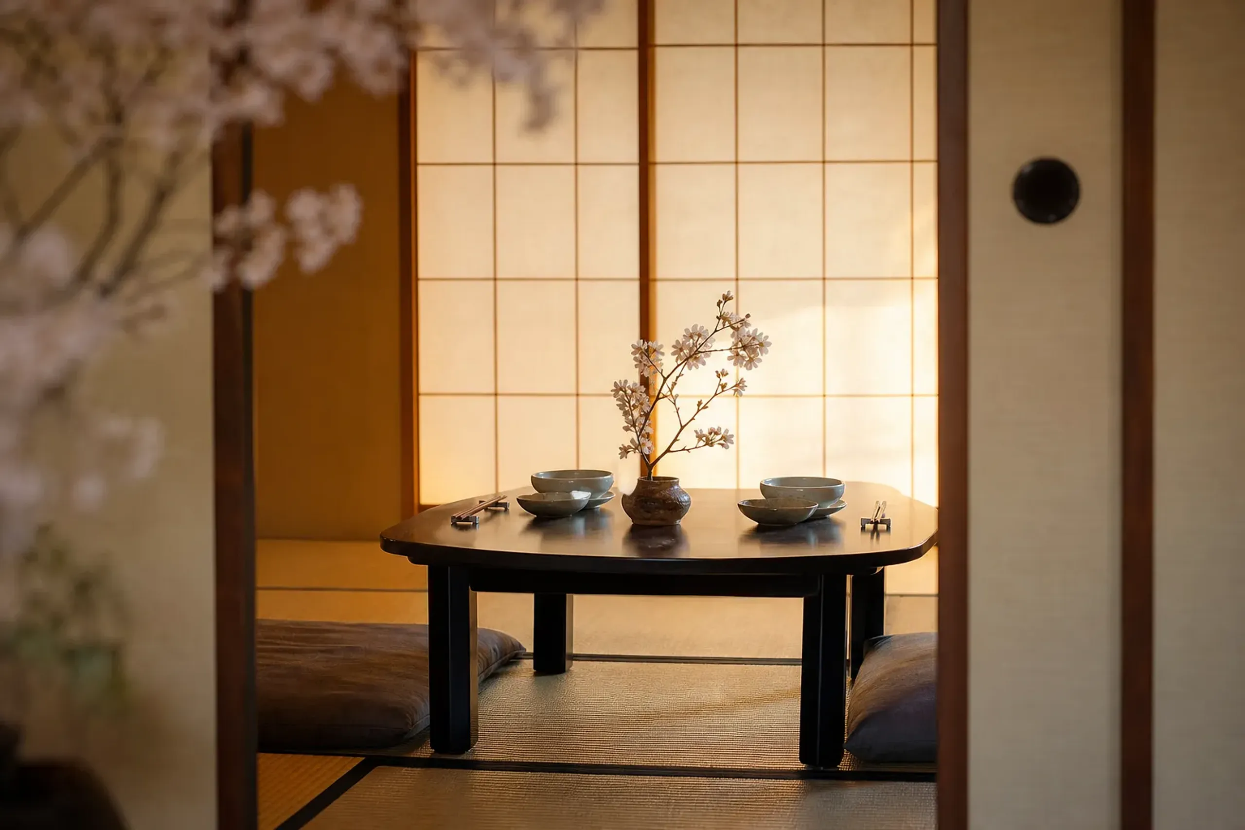 Japanese private dining room with shoji screens and table set for two