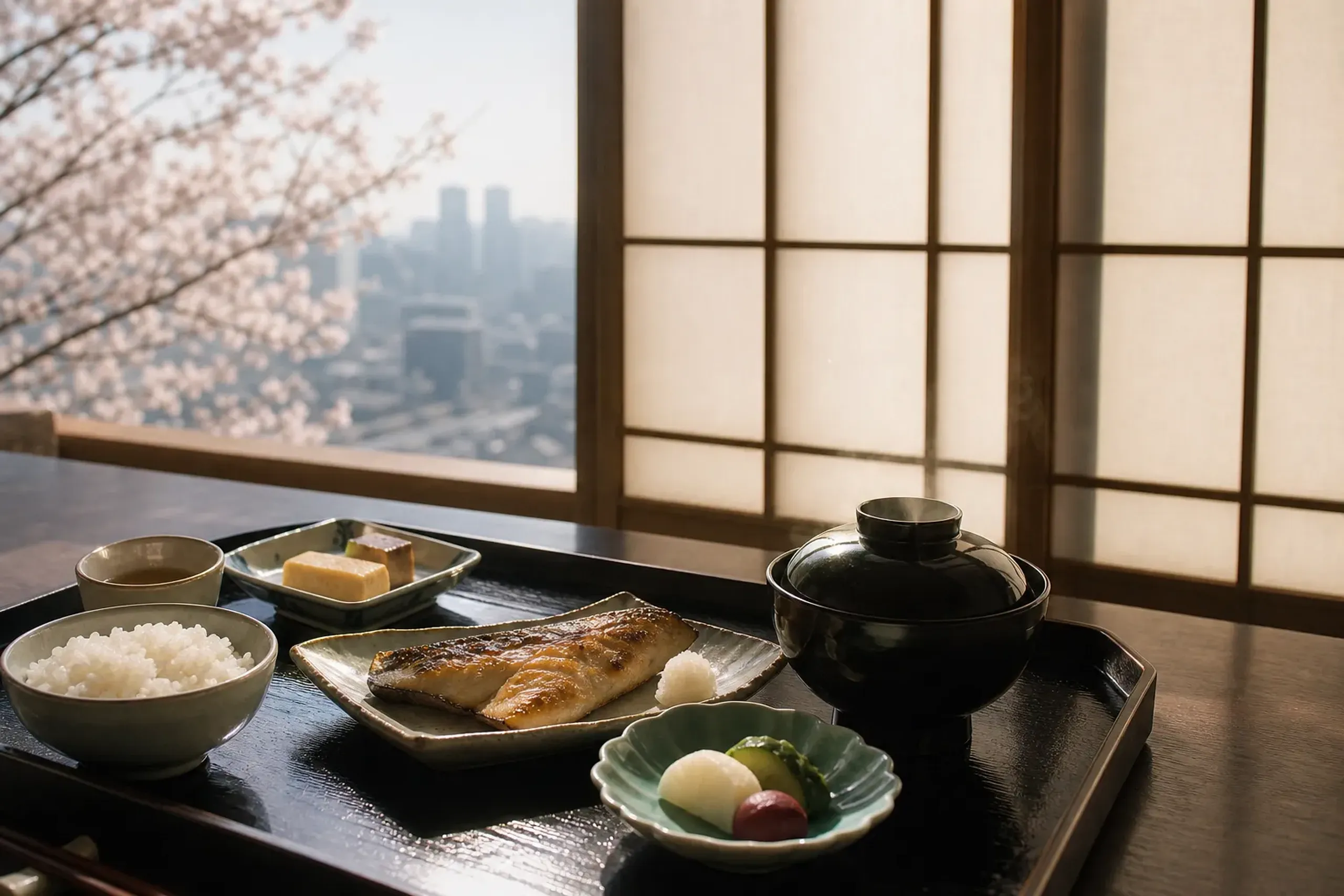 A private in-room dining setup at HOSHINOYA Tokyo, a low lacquered tray with a Japanese breakfast arranged beside a paper-shoji window overlooking the Otemachi skyline