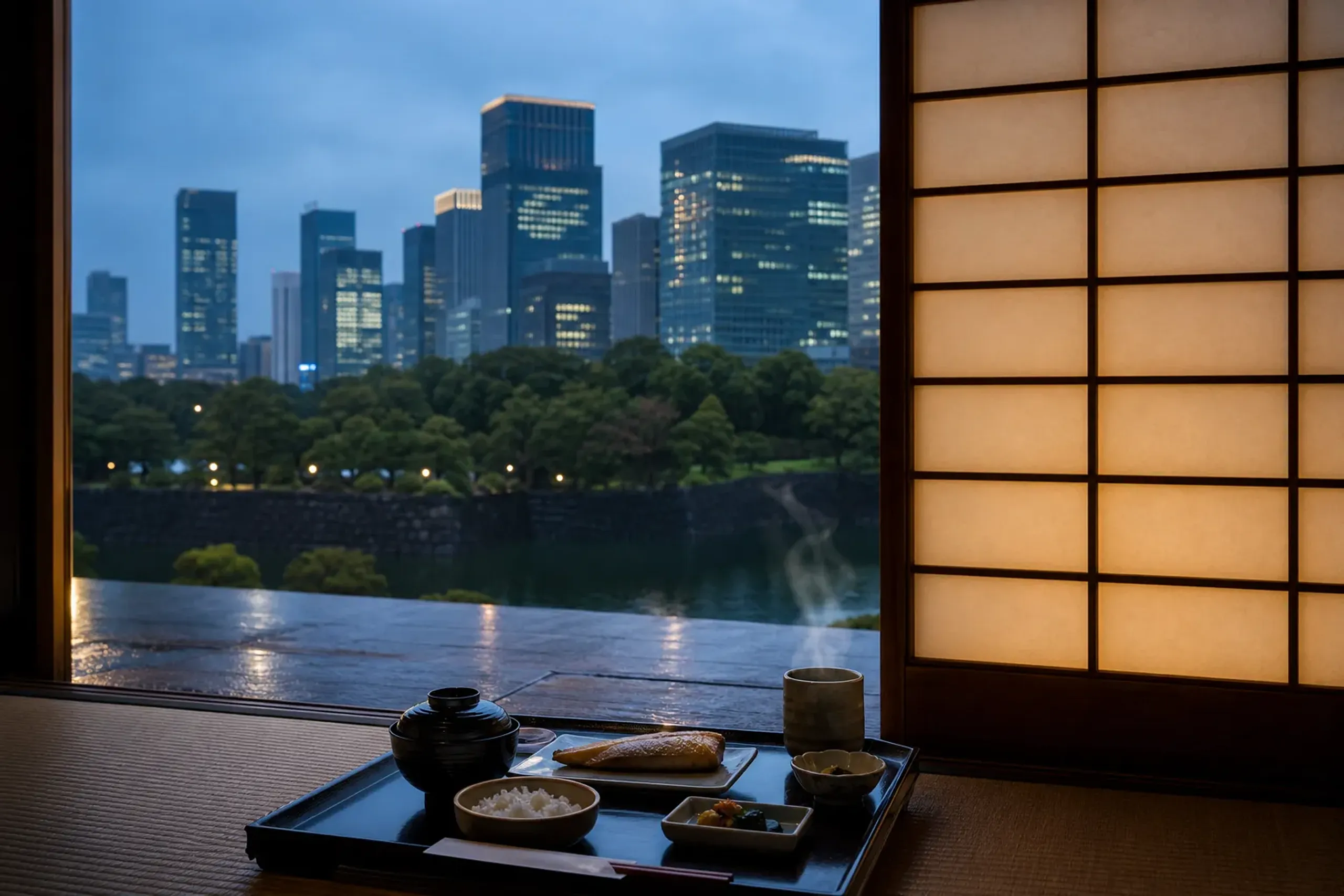 A private in-room dining setup at HOSHINOYA Tokyo, a low lacquered tray with a Japanese breakfast arranged beside a paper-shoji window overlooking the Otemachi skyline