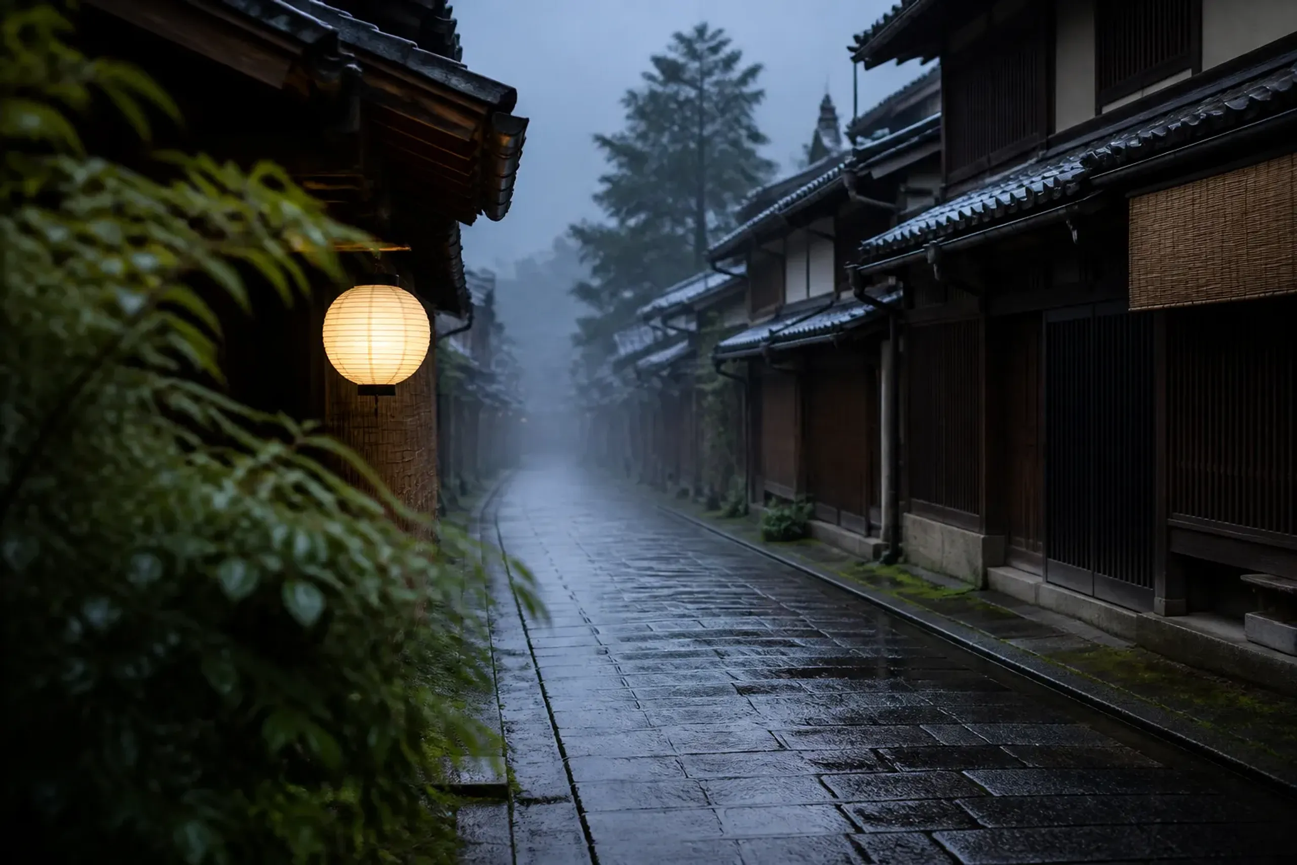 Quiet cobbled Kyoto lane with wooden machiya facades at dawn, empty of crowds
