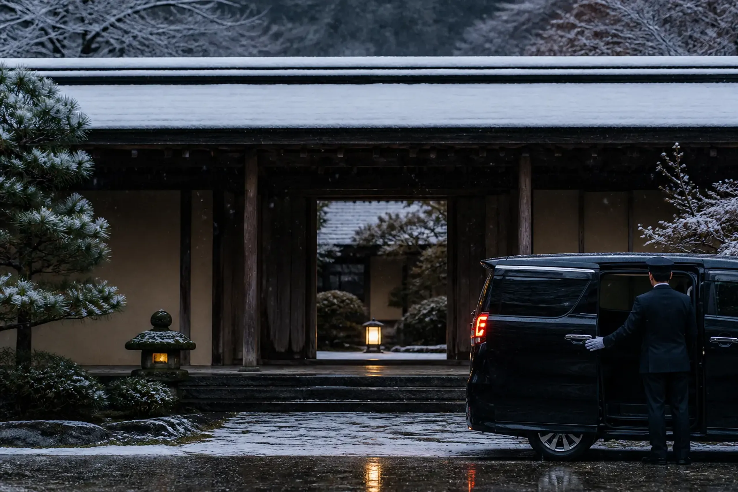 Black luxury minivan and chauffeur at a discreet private entrance at dusk