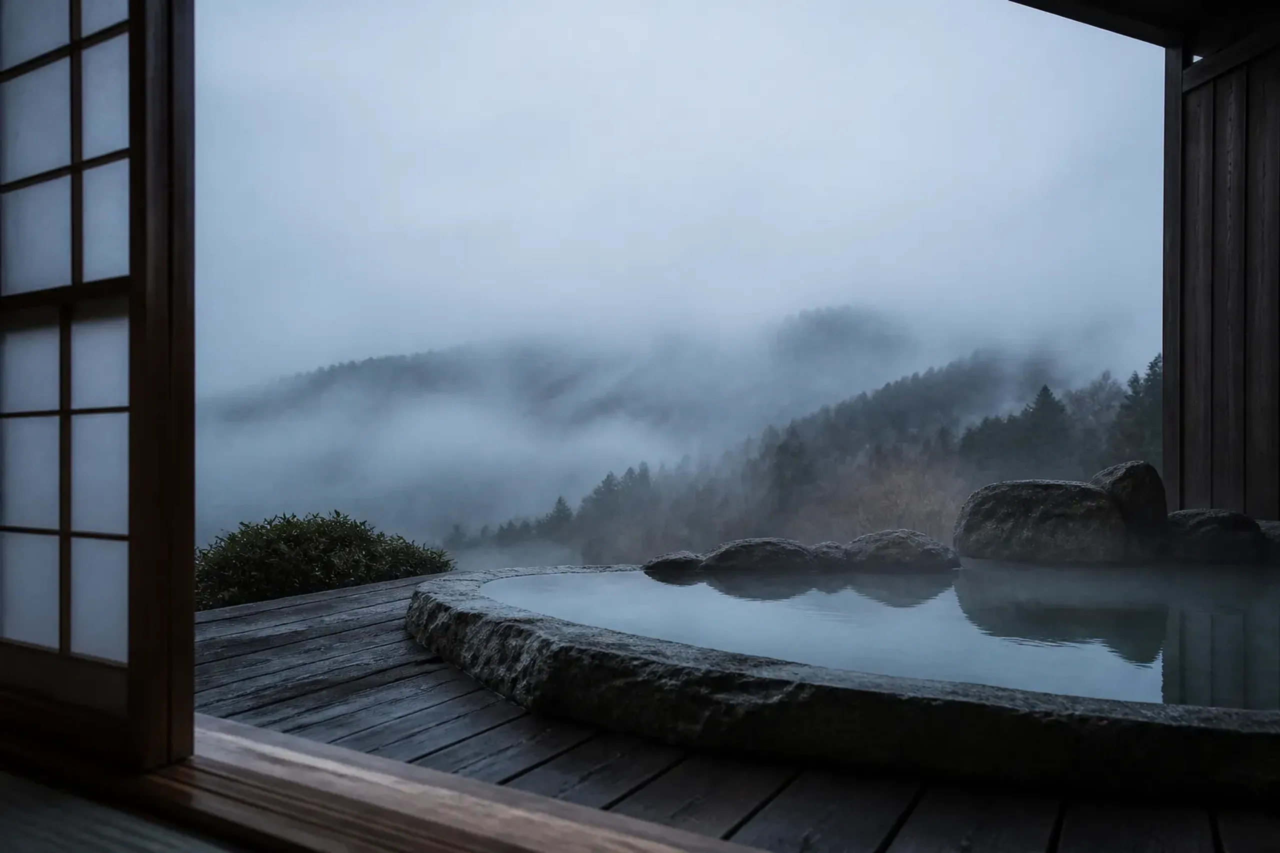 Secluded ryokan suite with private open-air onsen overlooking forested mountains