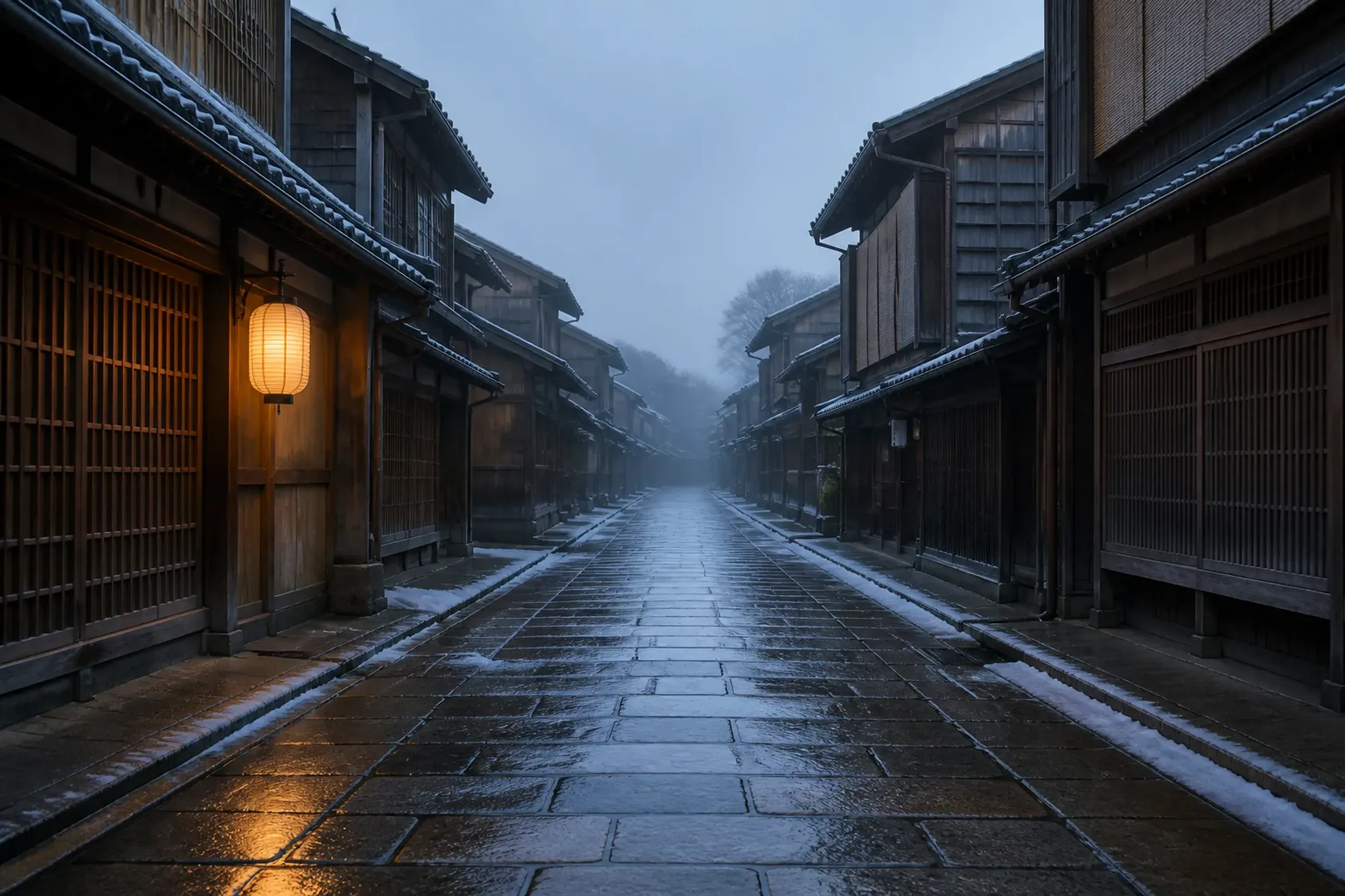 A quiet residential Gion lane in Kyoto at dawn with traditional wooden townhouses and no crowds