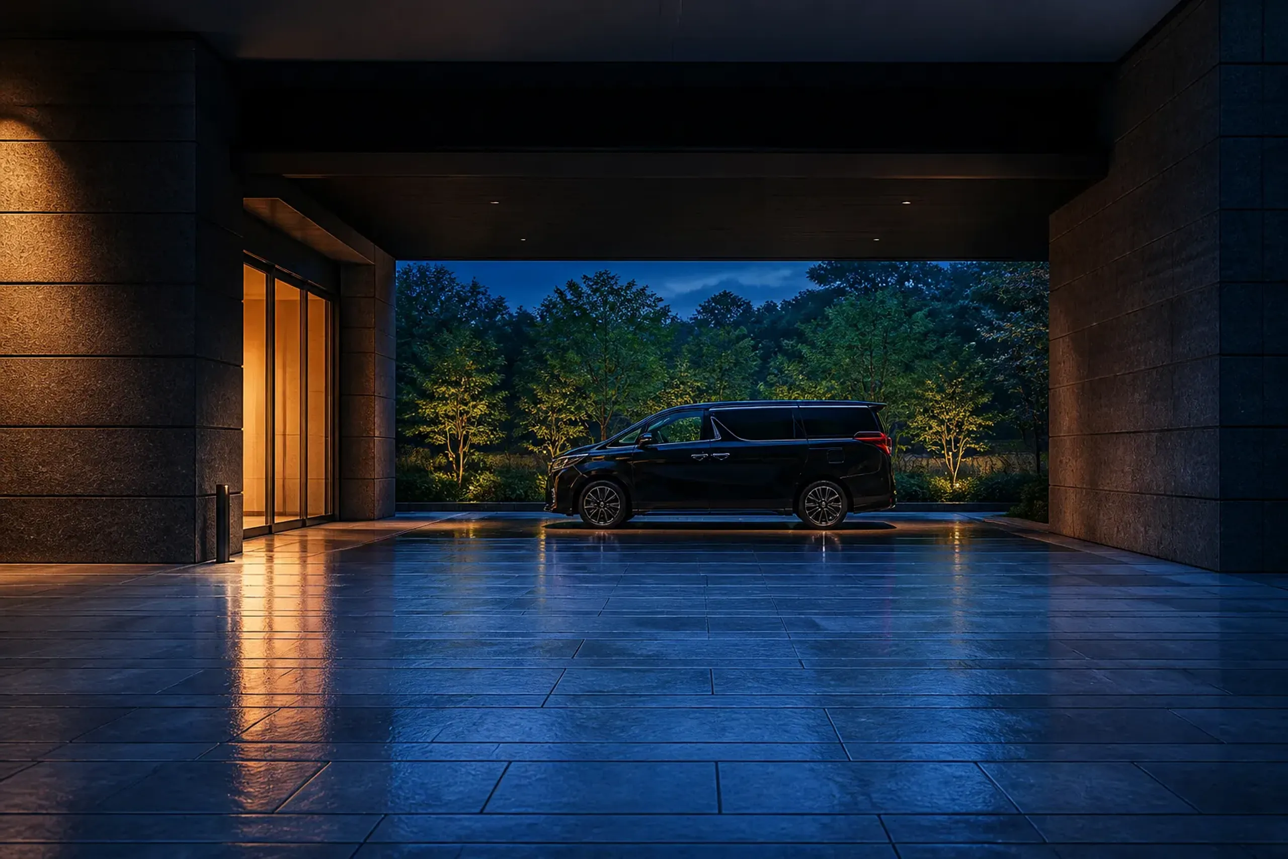 A black luxury minivan with tinted windows waiting at a discreet side entrance in Japan at dusk