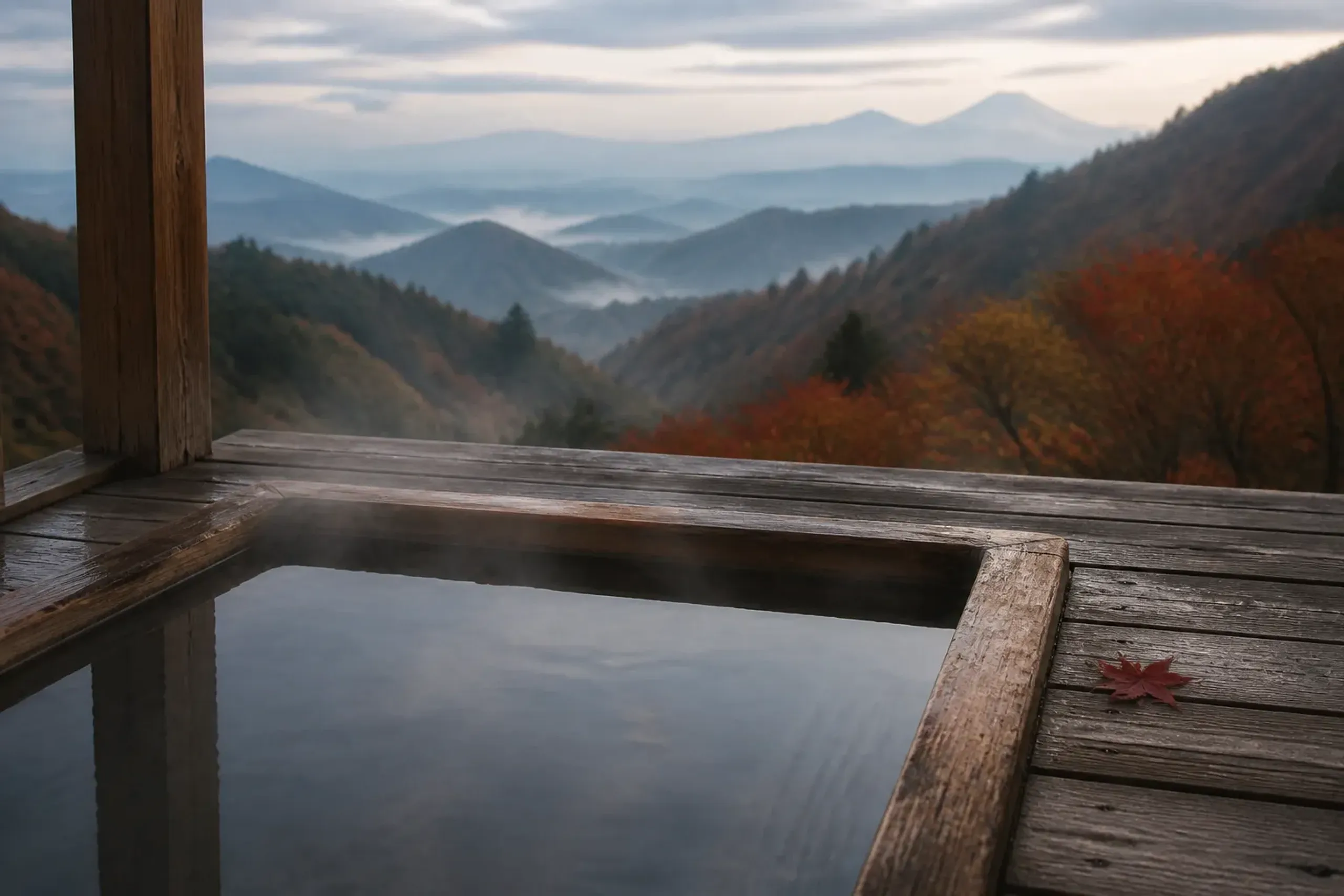 A private in-room onsen bath overlooking the forested mountains of Hakone with autumn foliage