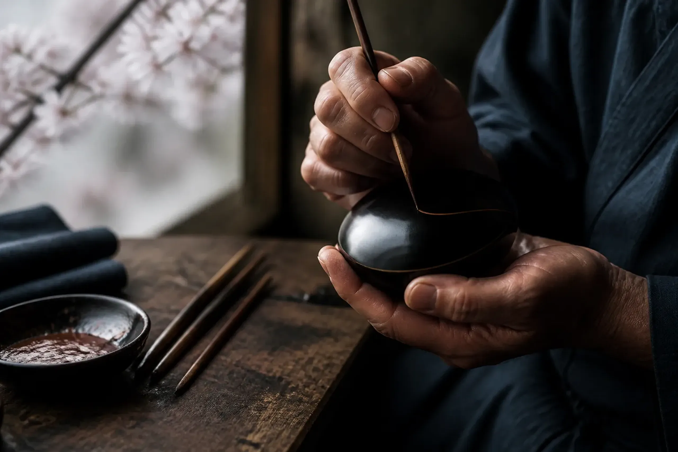 Close view of a Japanese craftsman's hands working in a quiet appointment-only atelier with tools and natural light