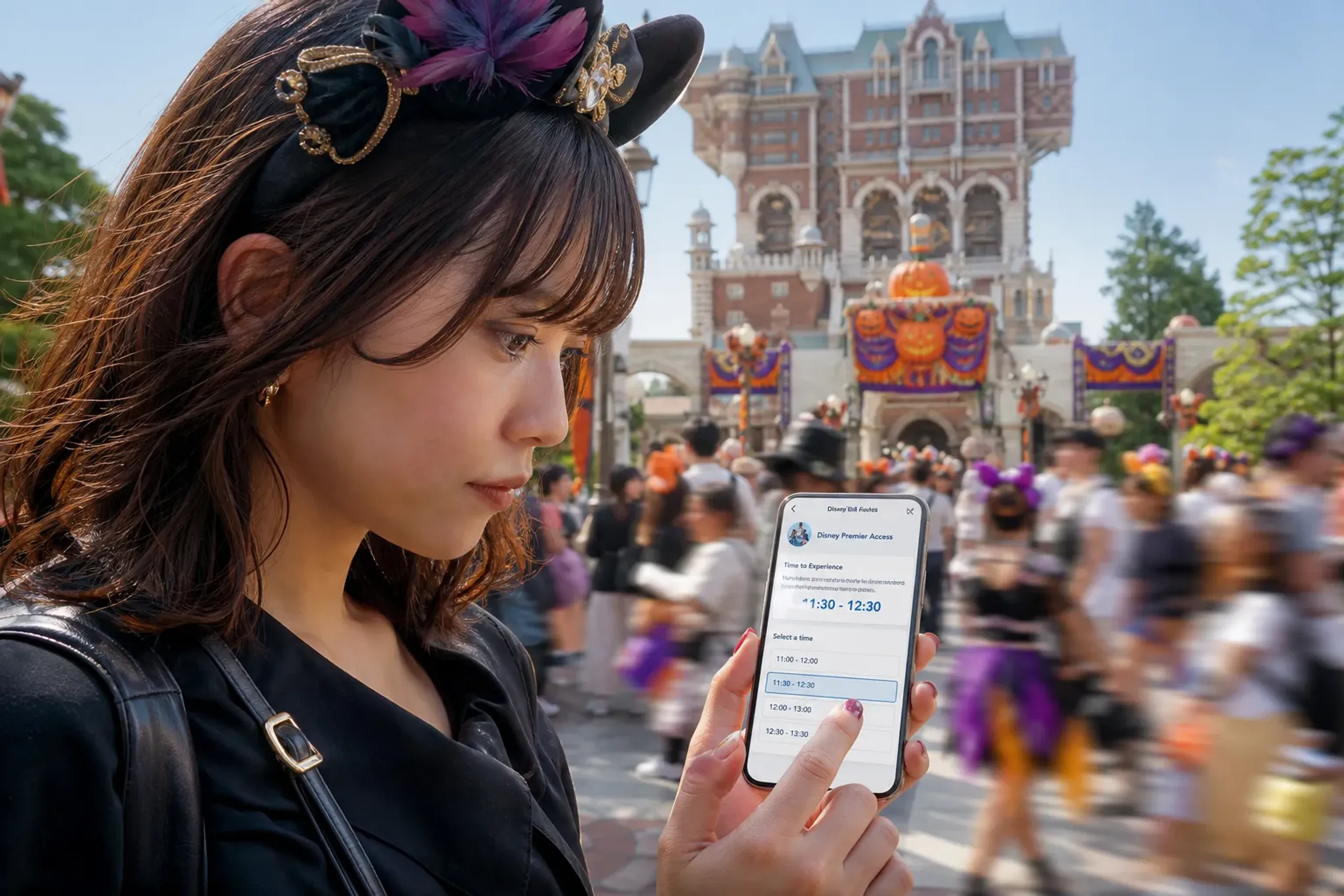 Guest using a smartphone to plan timed access and reduce waiting during a busy theme-park day