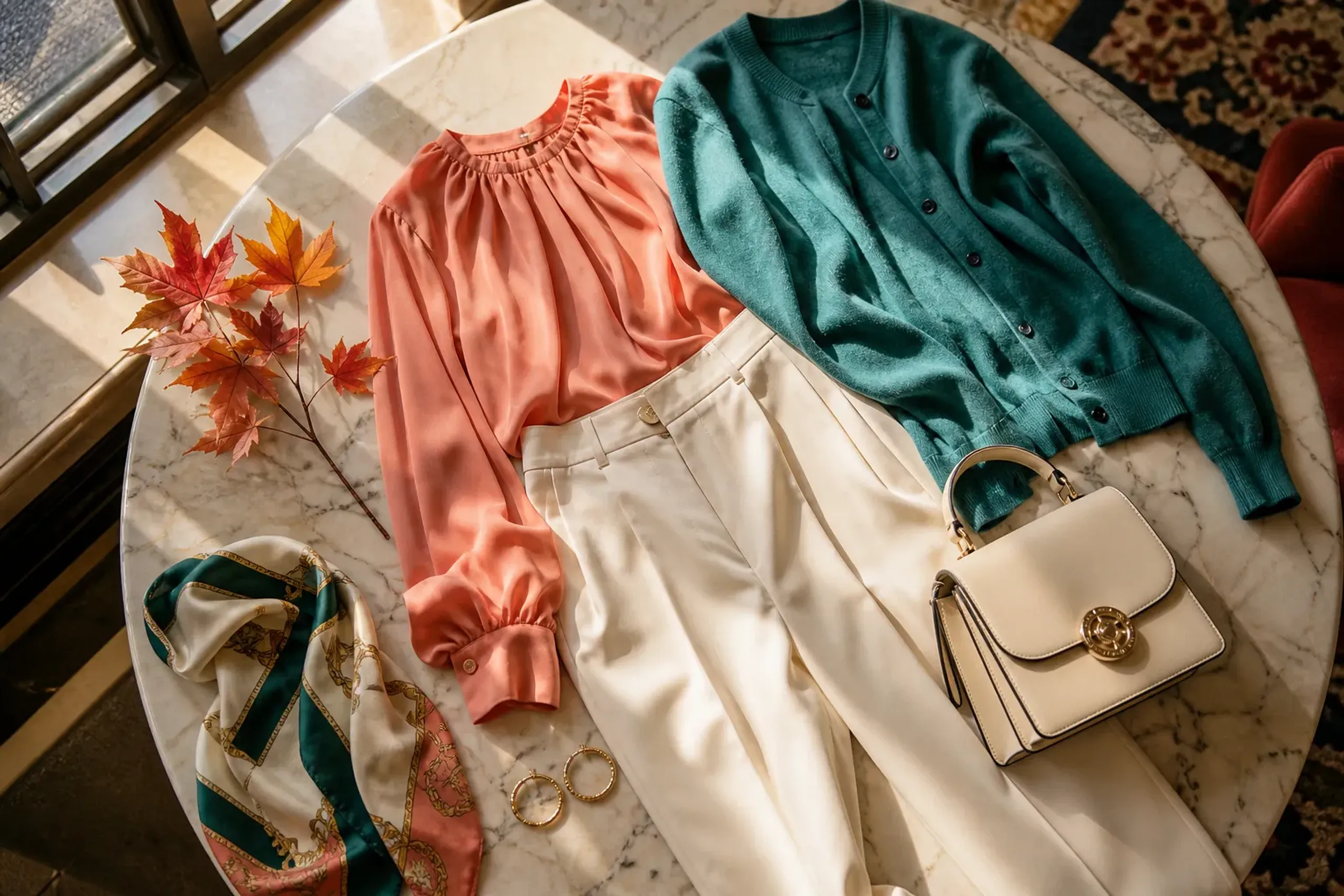 A softly styled 'bounding' outfit inspired by a Disney character's color palette—coordinated everyday clothing in matching hues laid out on a boutique table, without any wig, mask, or character-identi