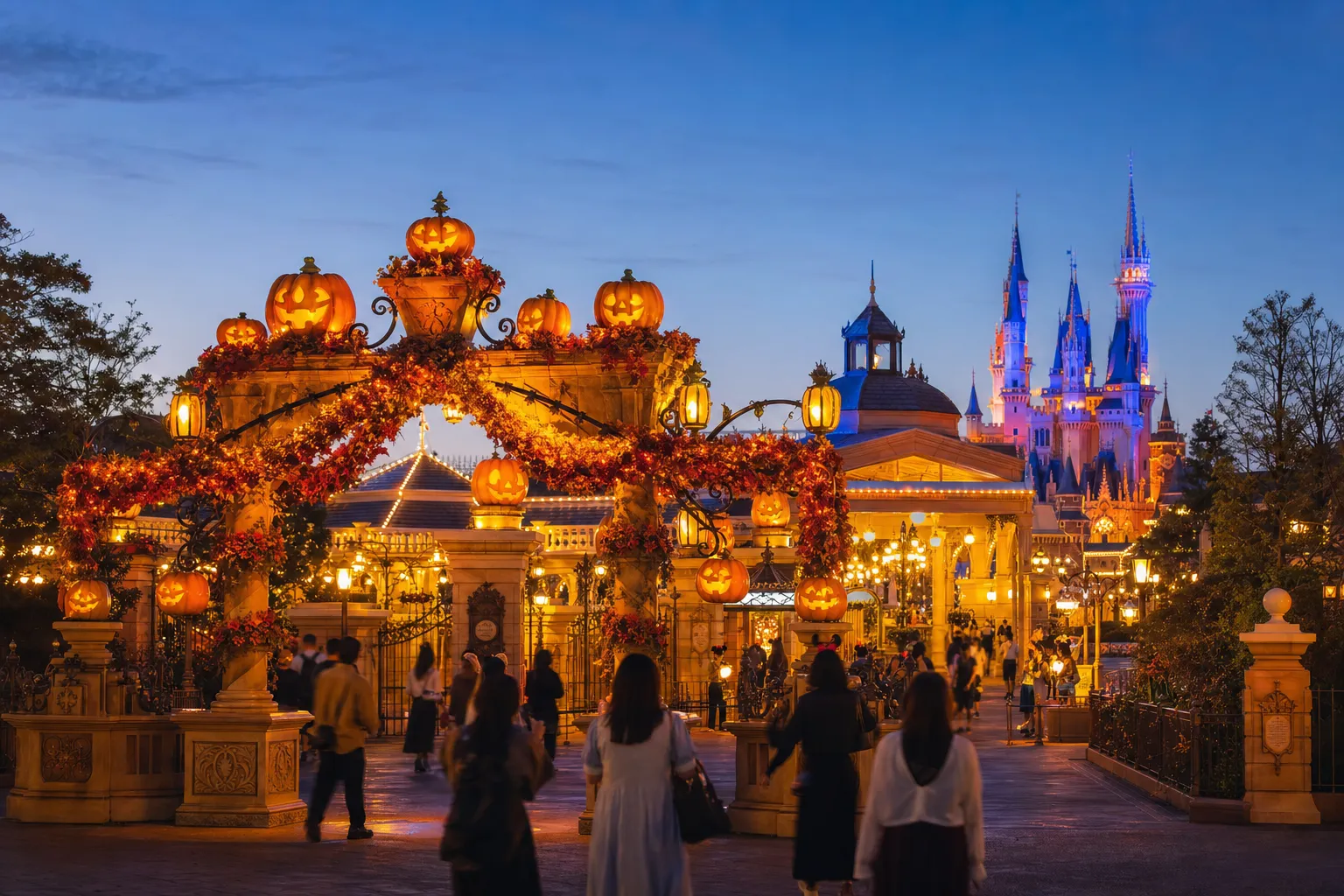 Tokyo Disneyland during Disney Halloween with pumpkin decorations and evening lighting