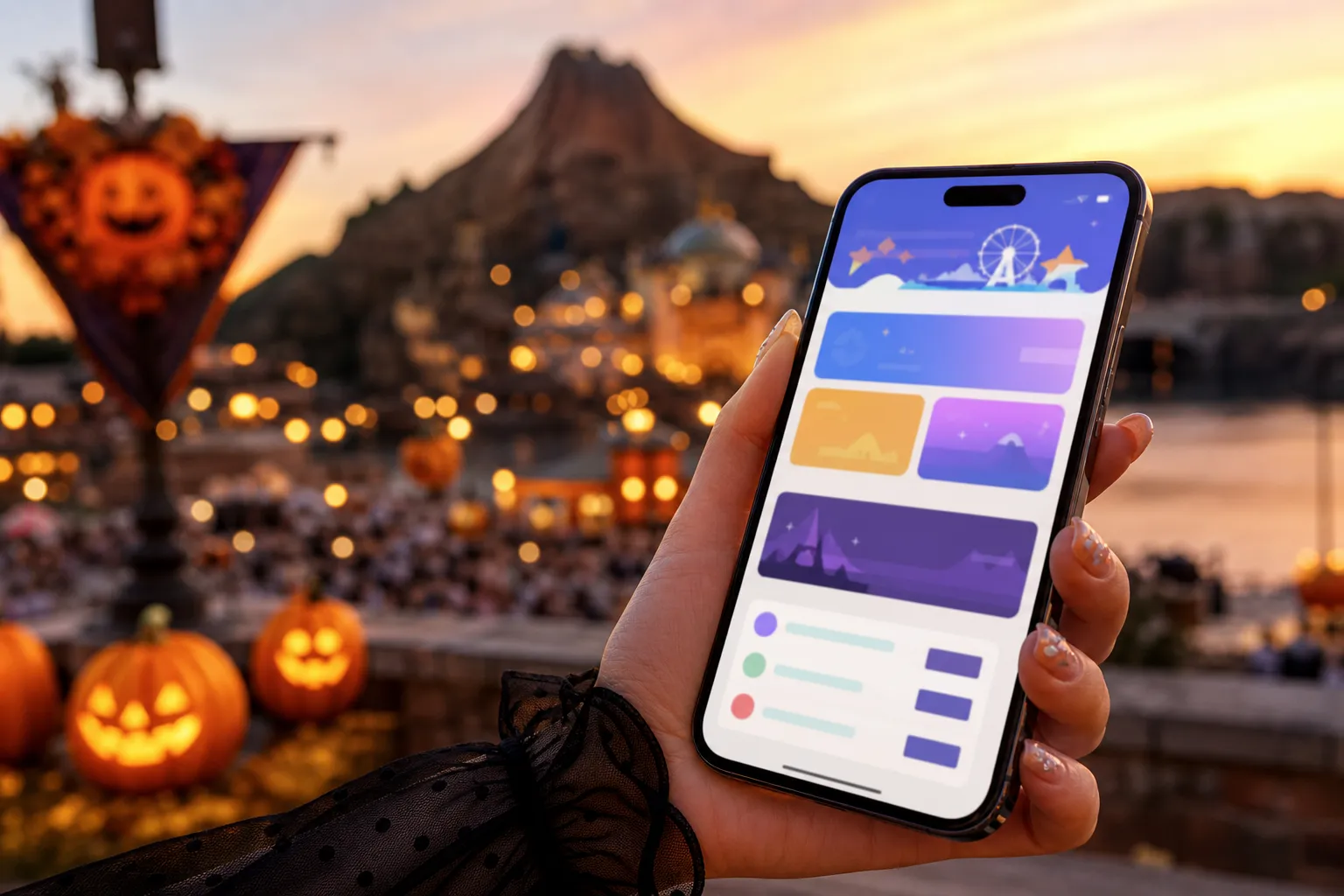 Guest using a smartphone for Tokyo Disney Resort planning with Tokyo DisneySea in the background