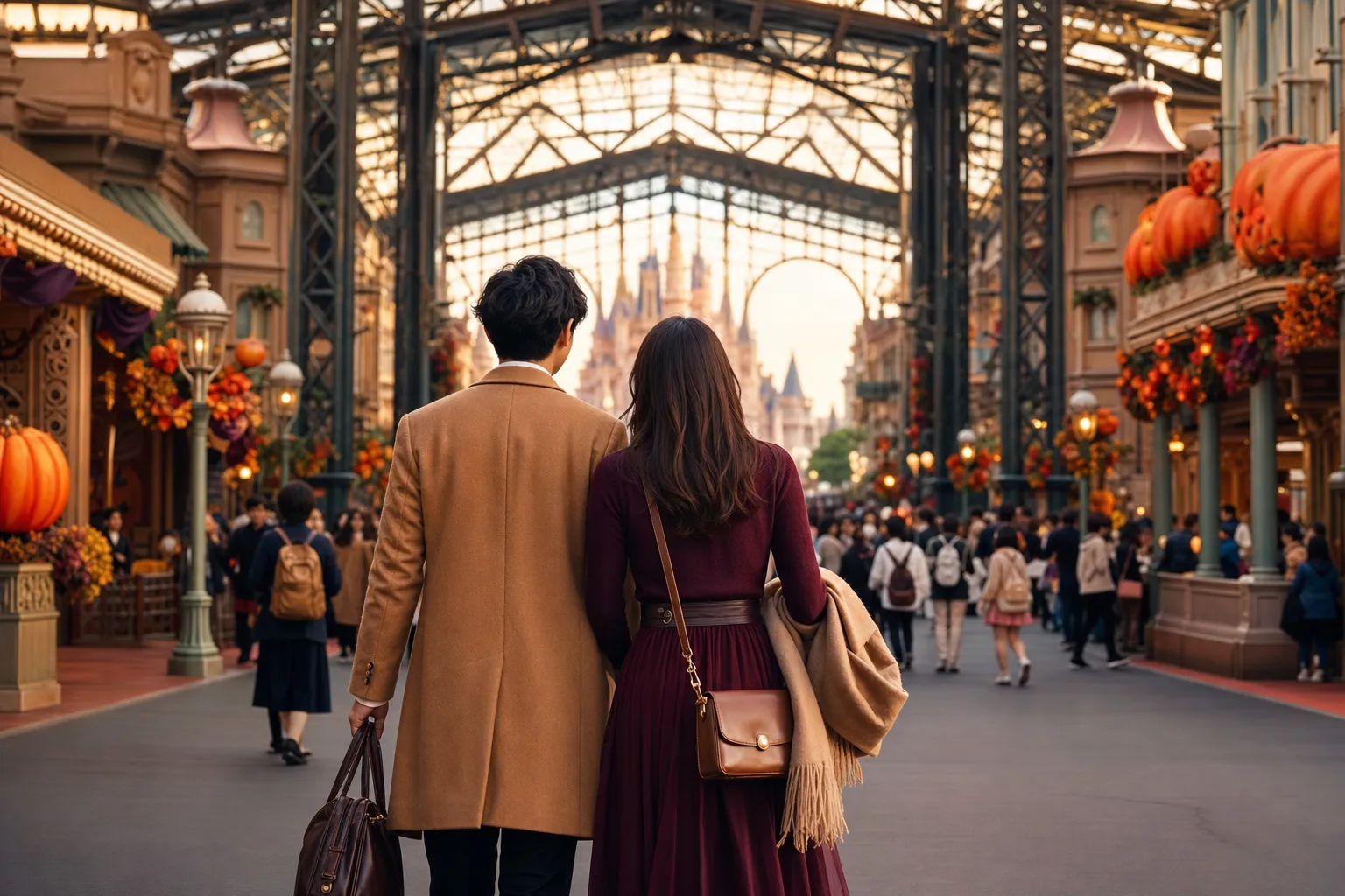 Adults in autumn-toned outfits walking in Tokyo Disneyland with Halloween décor