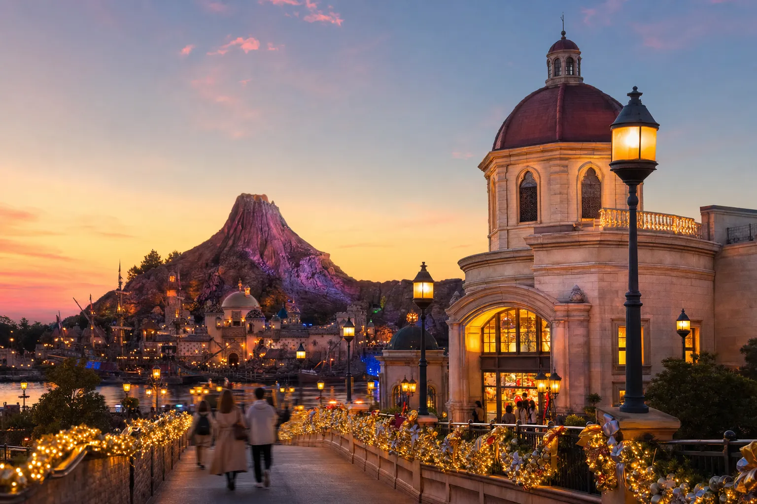 Capture of the Tokyo Disney Resort entrance featuring the Bon Voyage Store and pedestrian bridge. — Photo by Dmitry Romanoff on Pexels