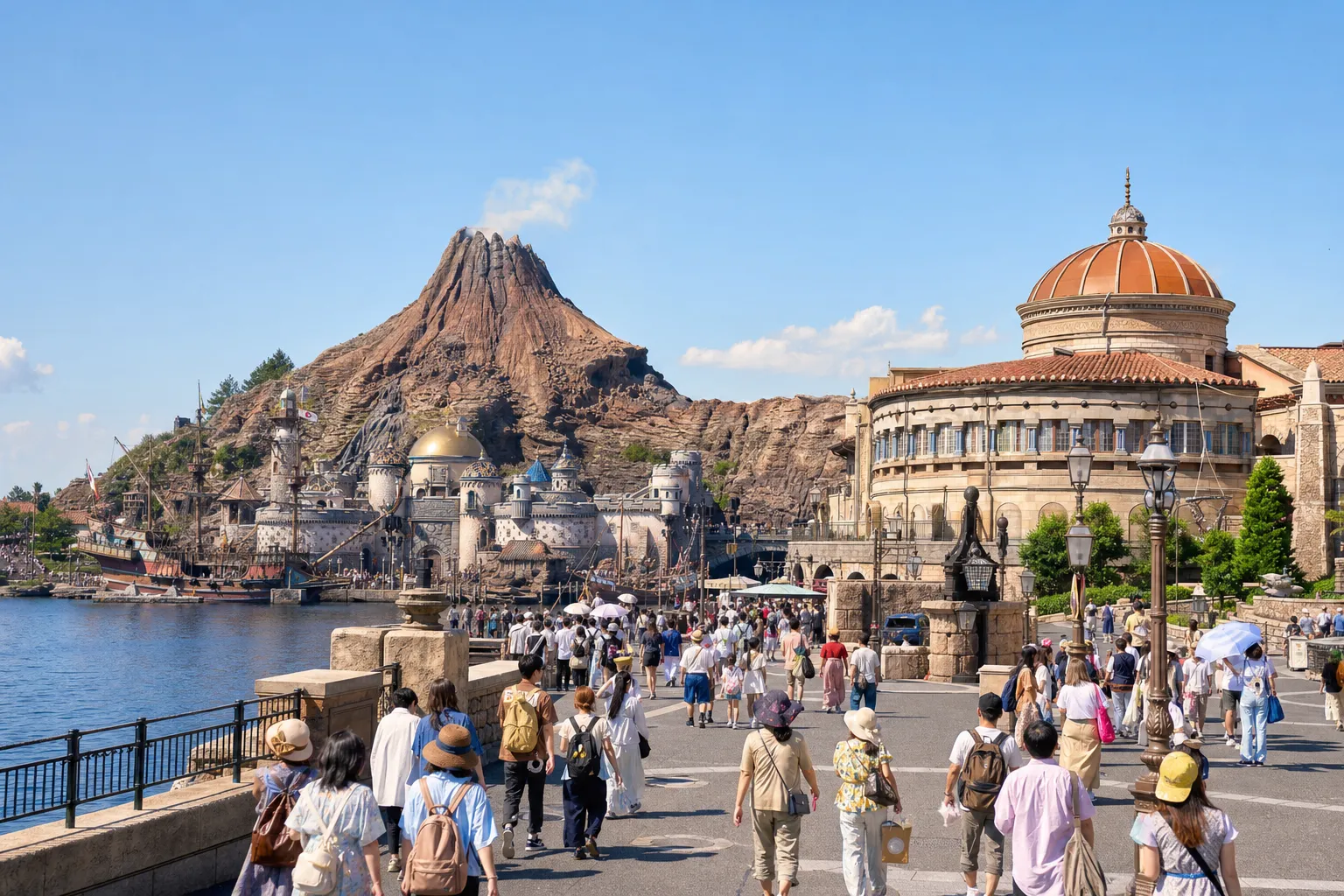 Vibrant theme park scene with a crowd near a volcano and dome during the day. — Photo by Yan - on Pexels