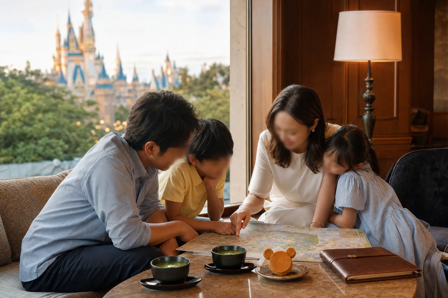 Family planning a Tokyo Disney Resort day in a quiet hotel lounge setting