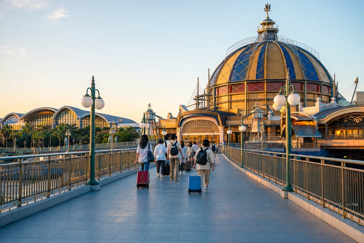 Capture of the Tokyo Disney Resort entrance featuring the Bon Voyage Store and pedestrian bridge. — Photo by Dmitry Romanoff on Pexels