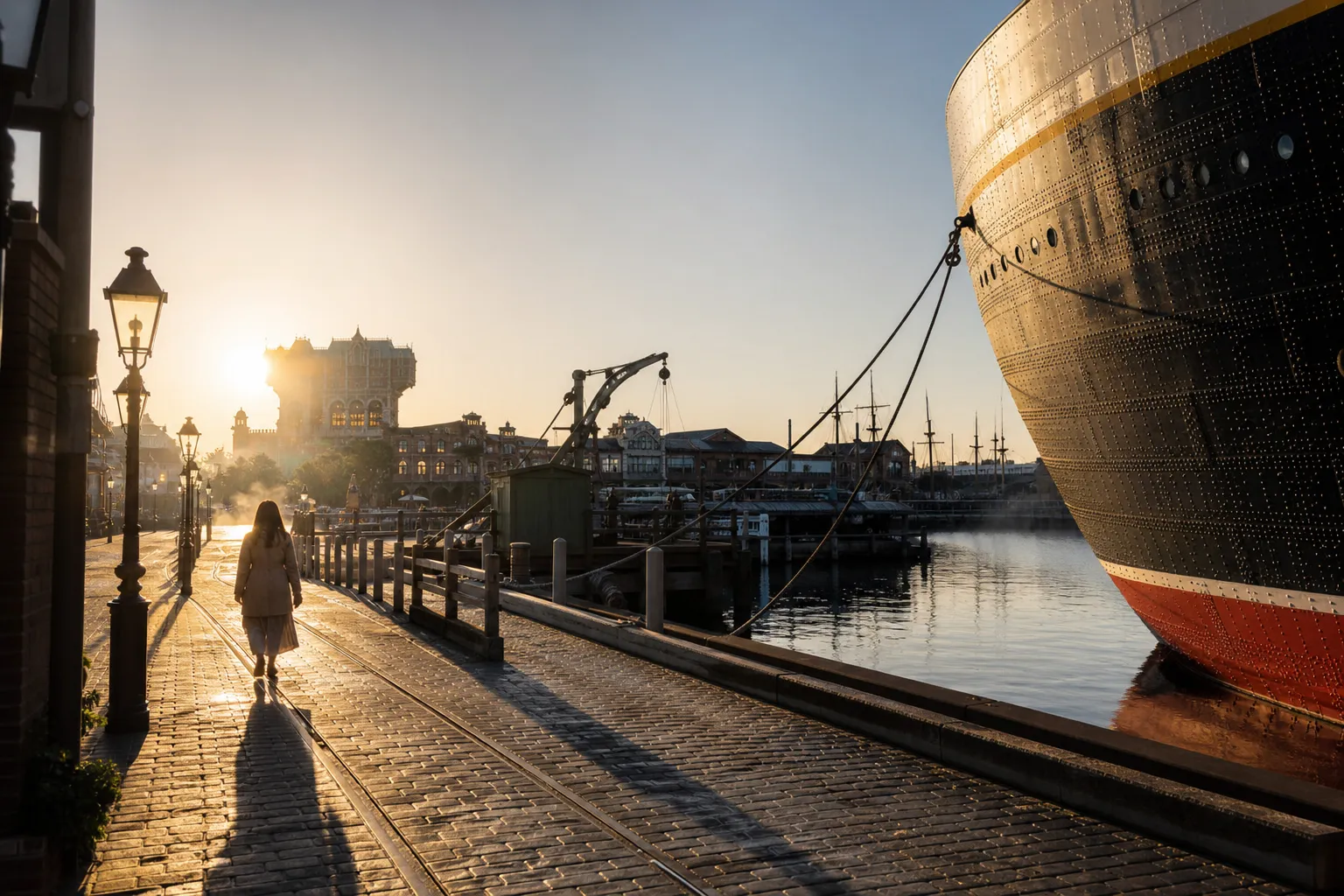 Tokyo DisneySea American Waterfront in the morning with long shadows and quiet pathways