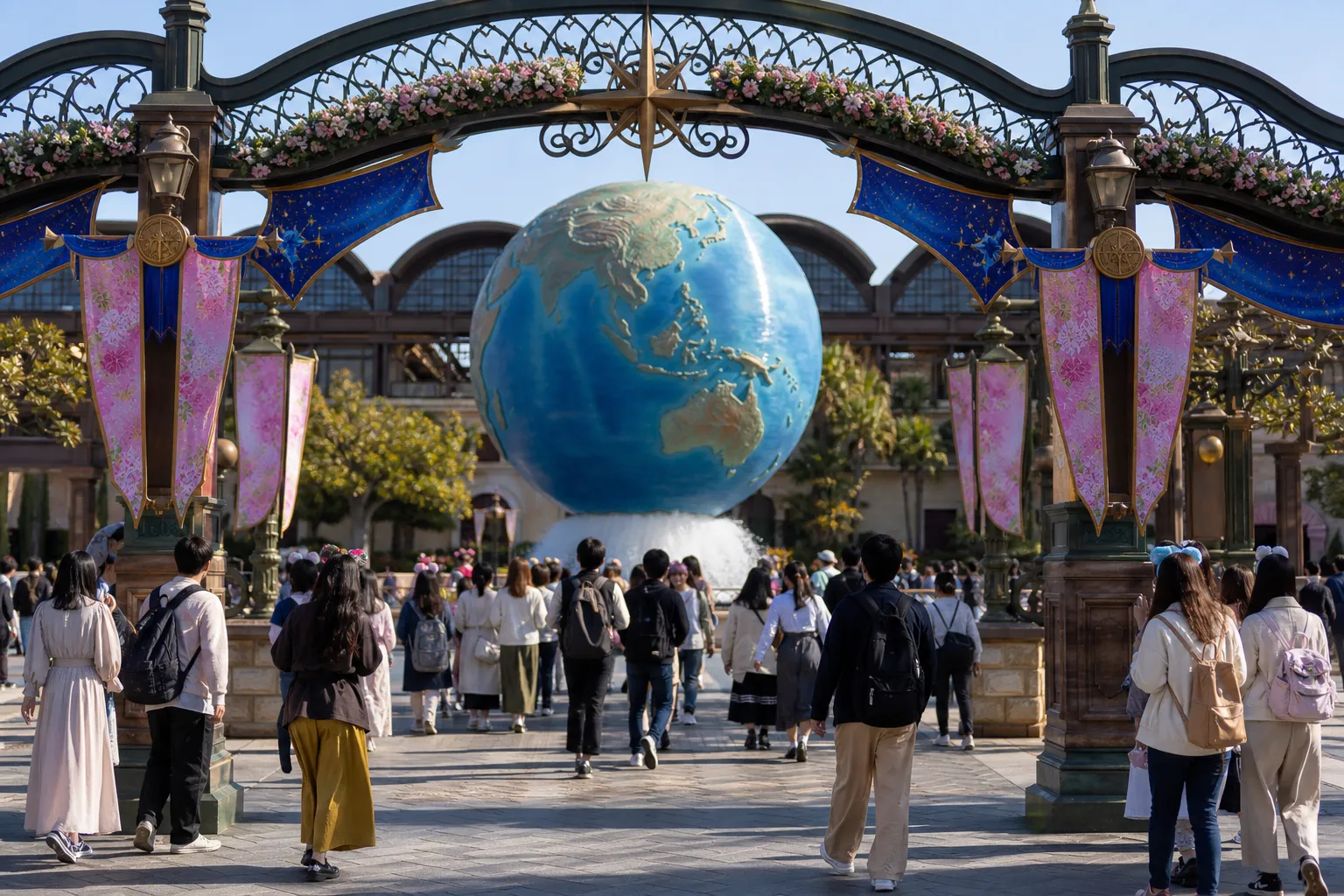 Guests entering Tokyo DisneySea in the morning near the park entrance signage