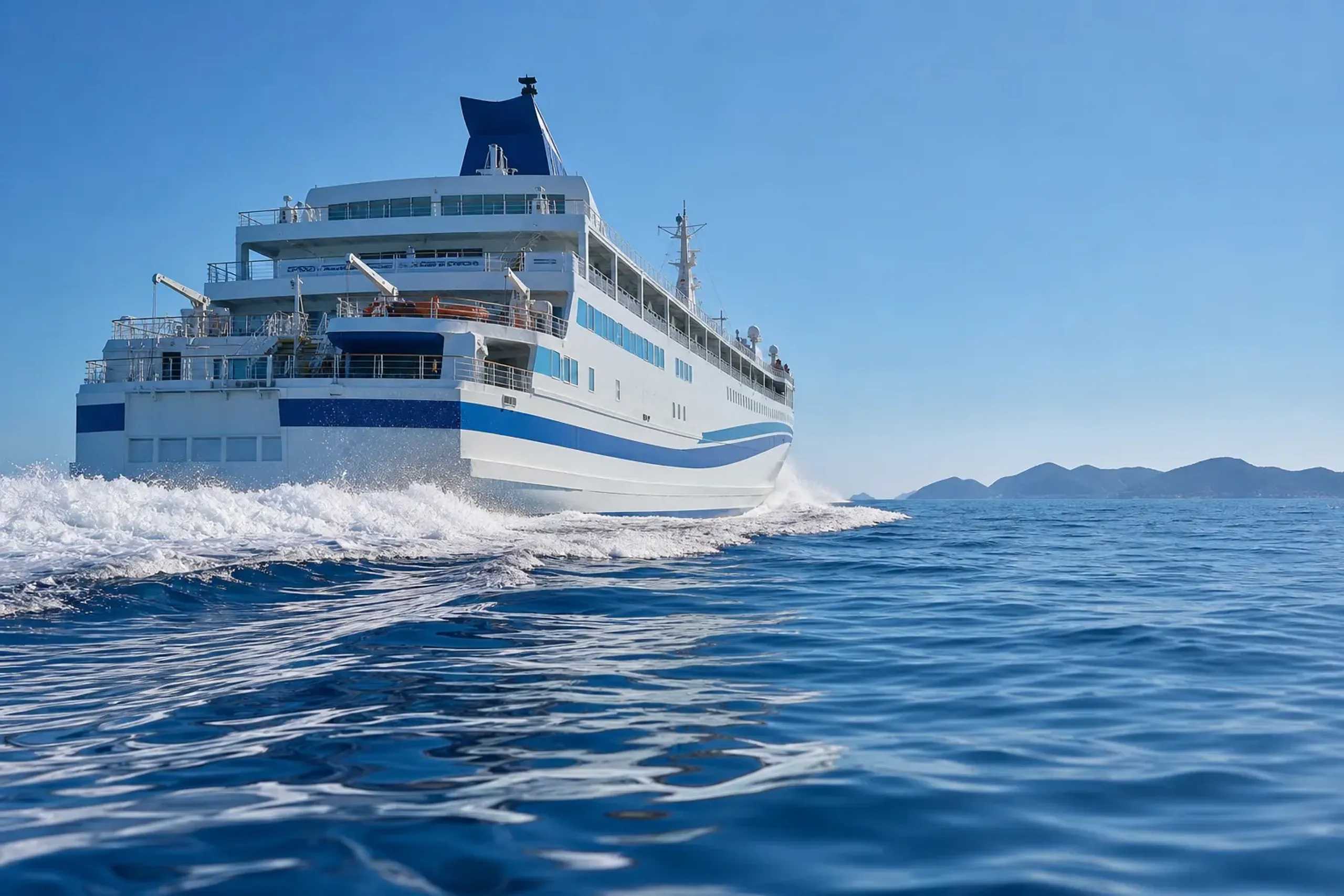 the high-speed Queen Zamami ferry cutting across the open sea between Naha's Tomari Port and the Kerama Islands, spray fanning off its hull