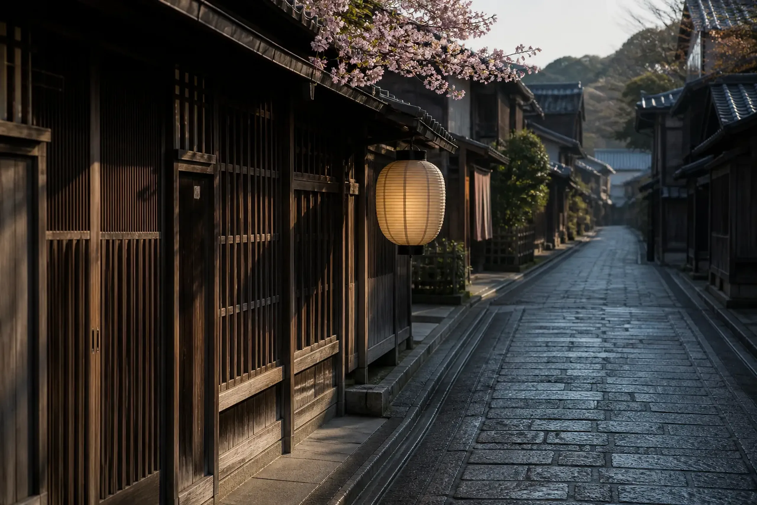 Empty stone-paved lane in Kyoto’s Higashiyama at dawn with wooden townhouses and a lantern