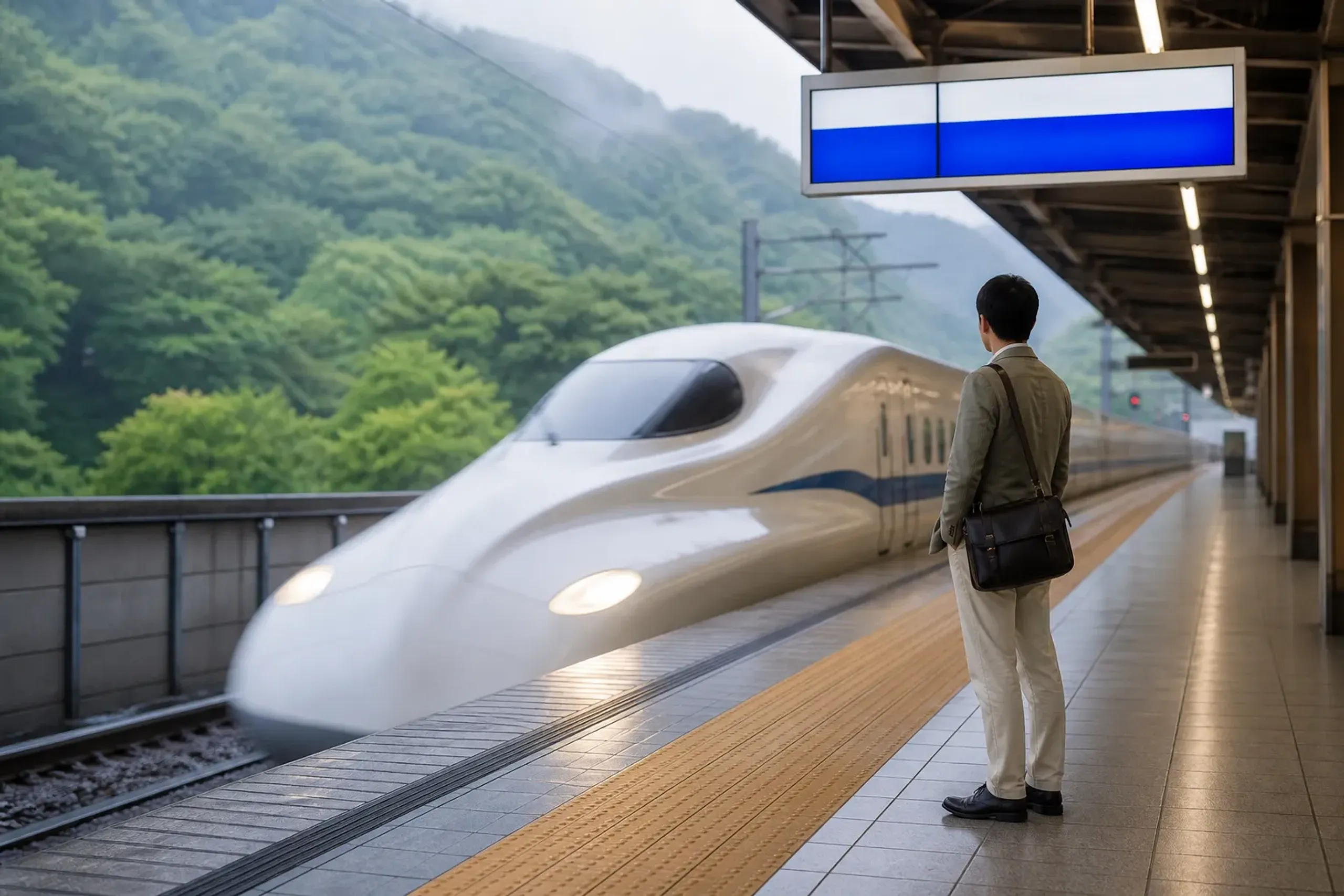 Traveler with a small bag waiting for a shinkansen as it arrives at a clean platform in Japan
