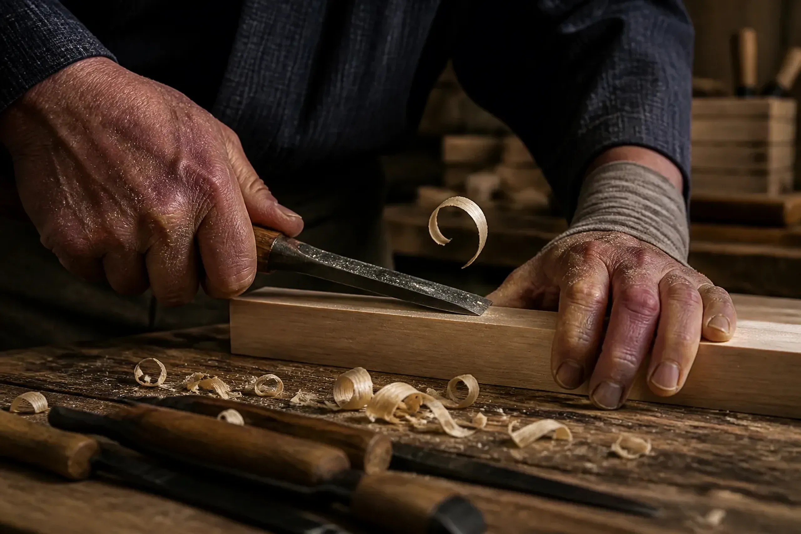 Hands of a Japanese artisan using traditional tools at a wooden workbench