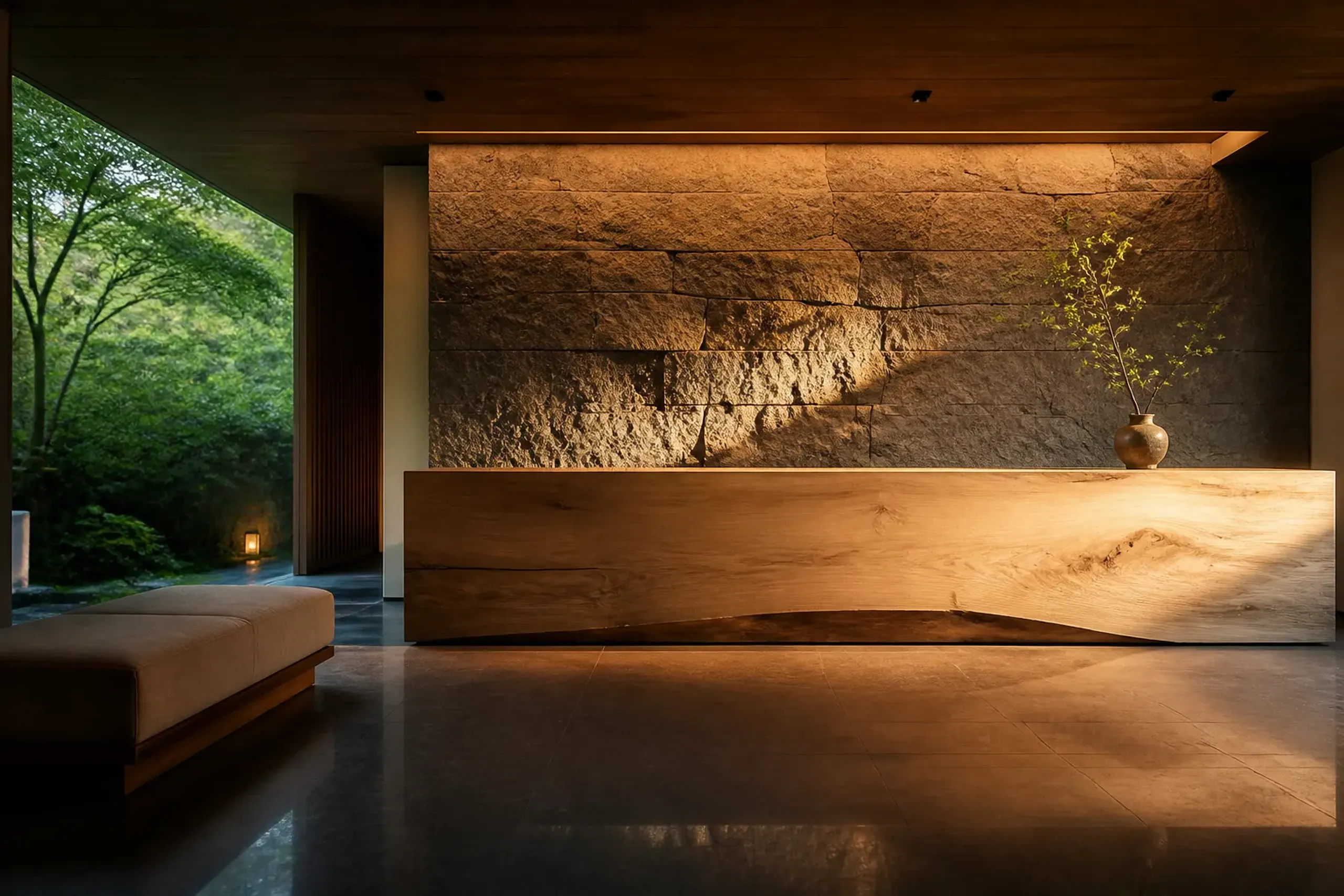 Tokyo luxury hotel lobby with minimalist Japanese design, wood and stone finishes, and soft lighting