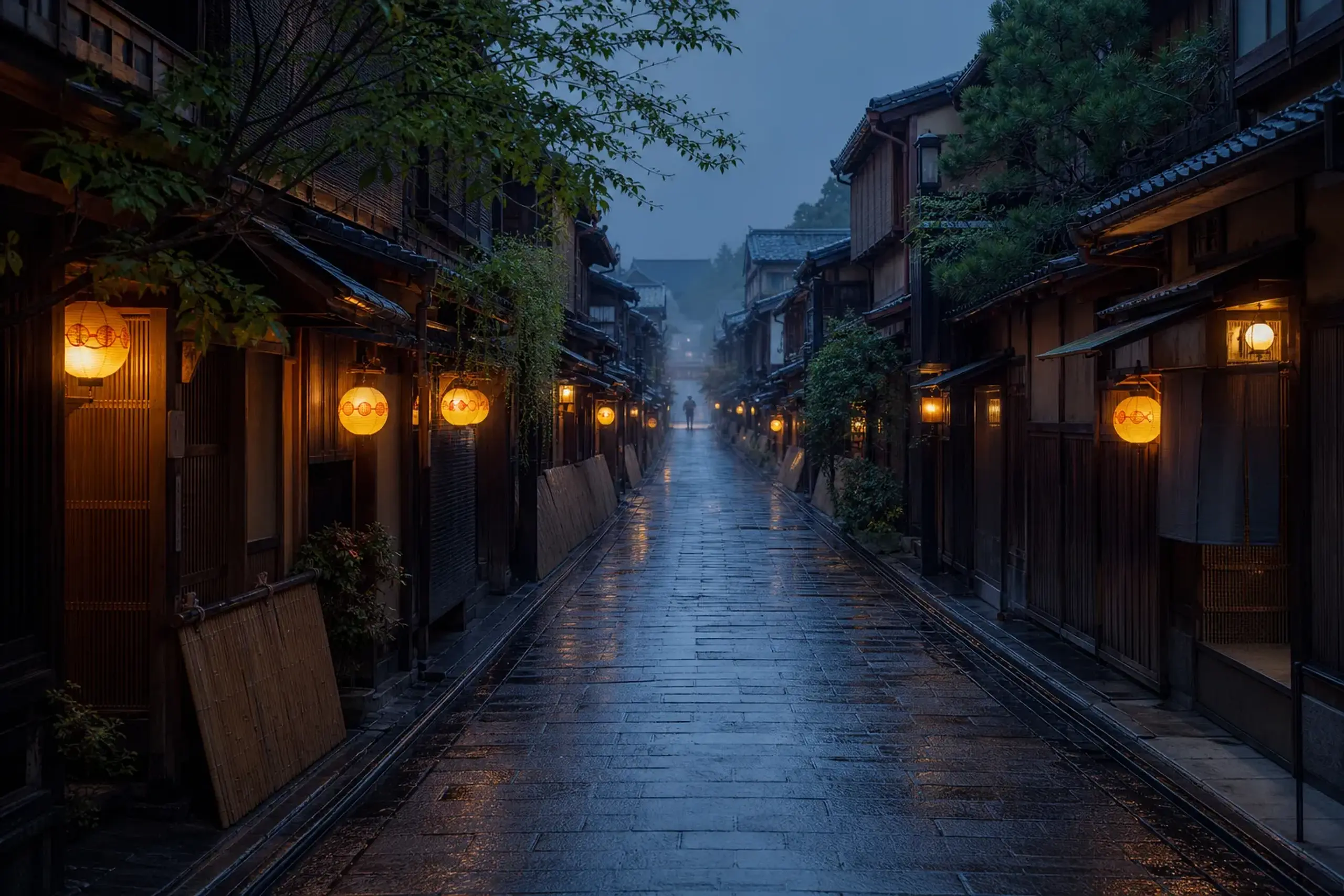 the narrow lantern-lit wooden machiya streets of Kyoto's Miyagawa-cho district at dawn, where Capella Kyoto opened in 2026