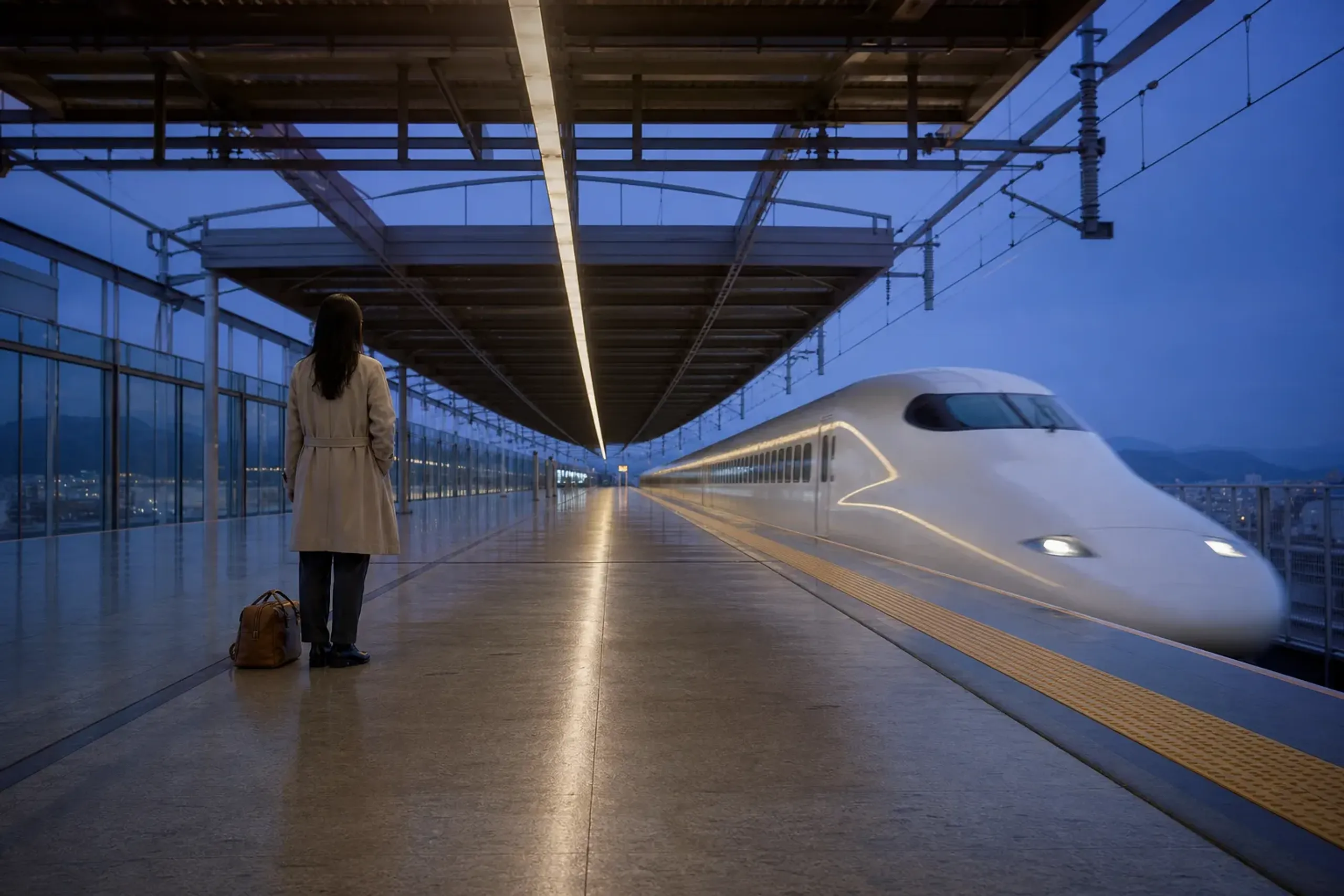Traveler with a small bag waiting for a shinkansen as it arrives at a clean platform in Japan