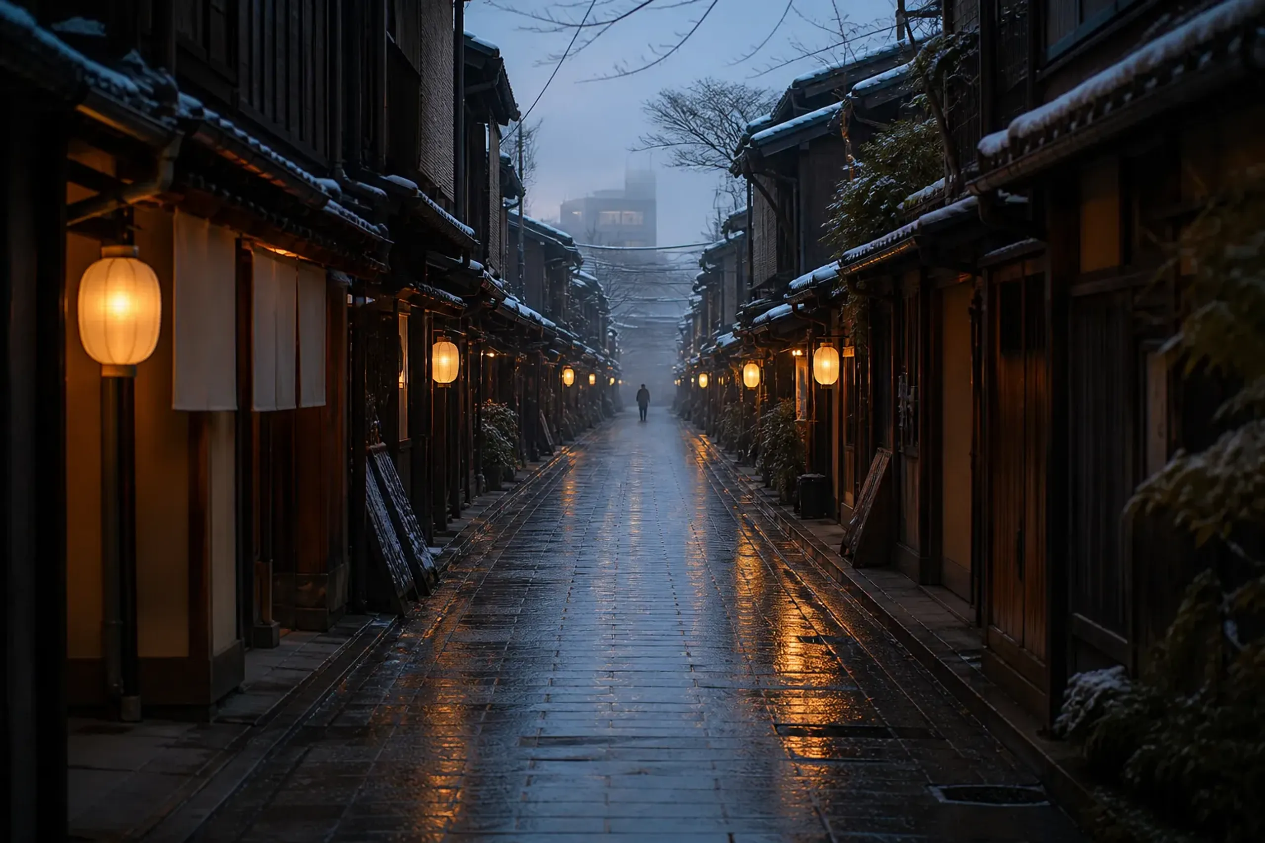 the narrow lantern-lit wooden machiya streets of Kyoto's Miyagawa-cho district at dawn, where Capella Kyoto opened in 2026