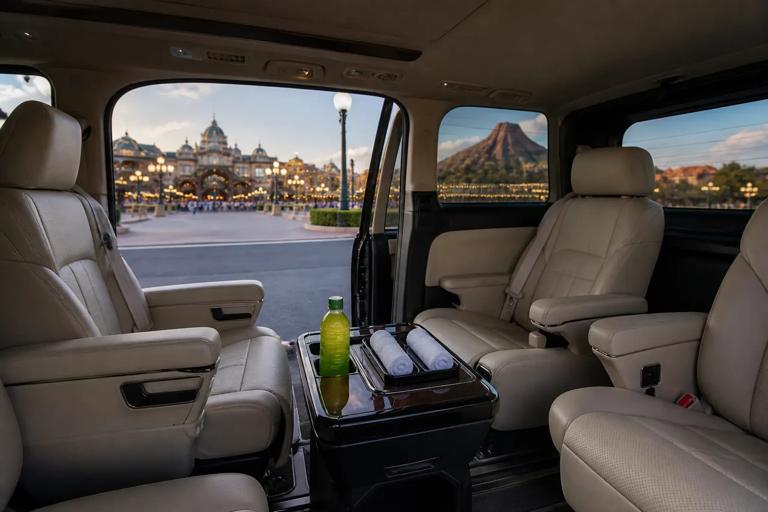Interior of a luxury chauffeured minivan for private transfers near Tokyo DisneySea