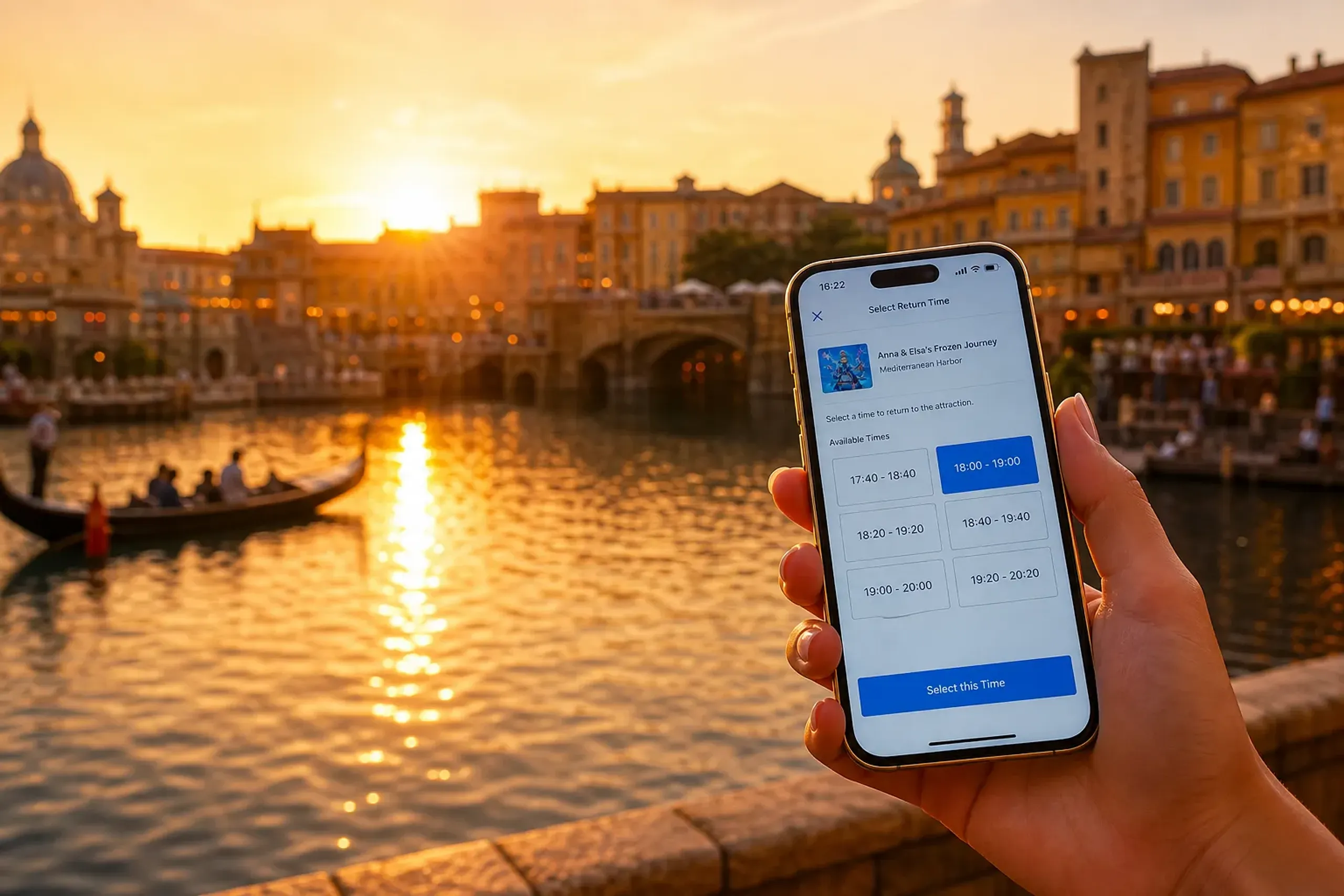 the Disney Premier Access return-time selection screen for Anna & Elsa's Frozen Journey glowing on a smartphone held against the backdrop of Mediterranean Harbor at Tokyo DisneySea