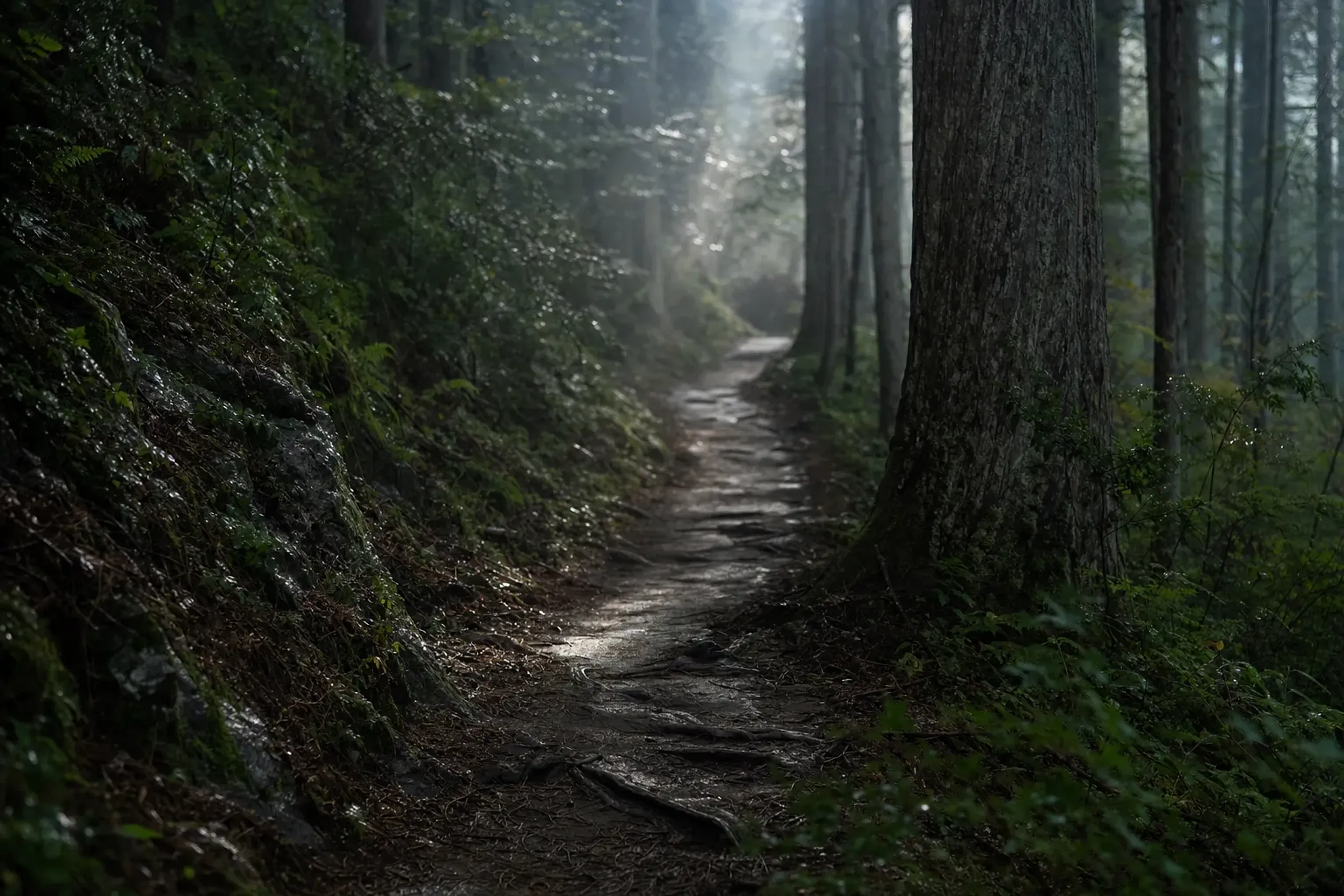 a worn mountain forest trail winding through cedar groves on Mount Hiei, the path walked in the 1,000-day kaihōgyō discipline