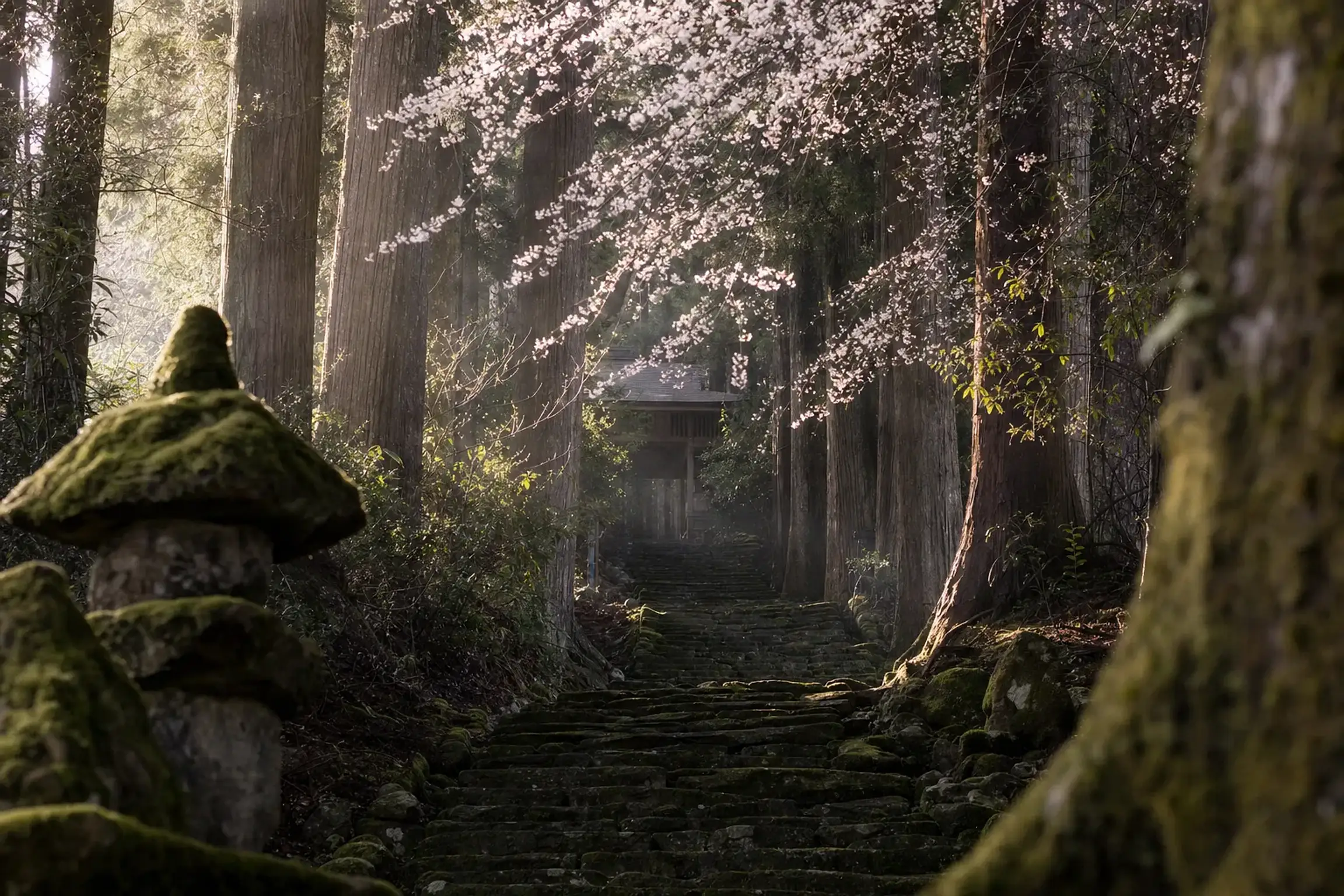 the forested precinct of Saitō on Mount Hiei with its moss-covered stone steps and cedar-shaded halls connecting the three temple precincts