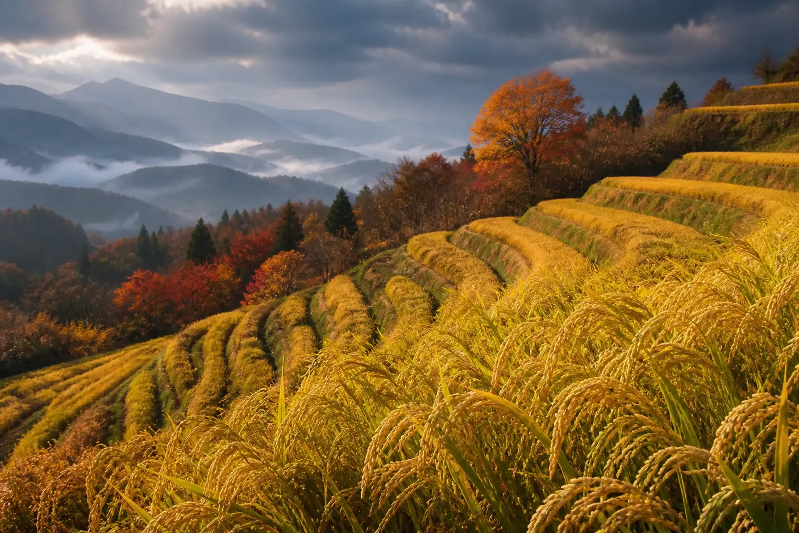 Golden terraced Koshihikari rice fields in Niigata during the autumn harvest
