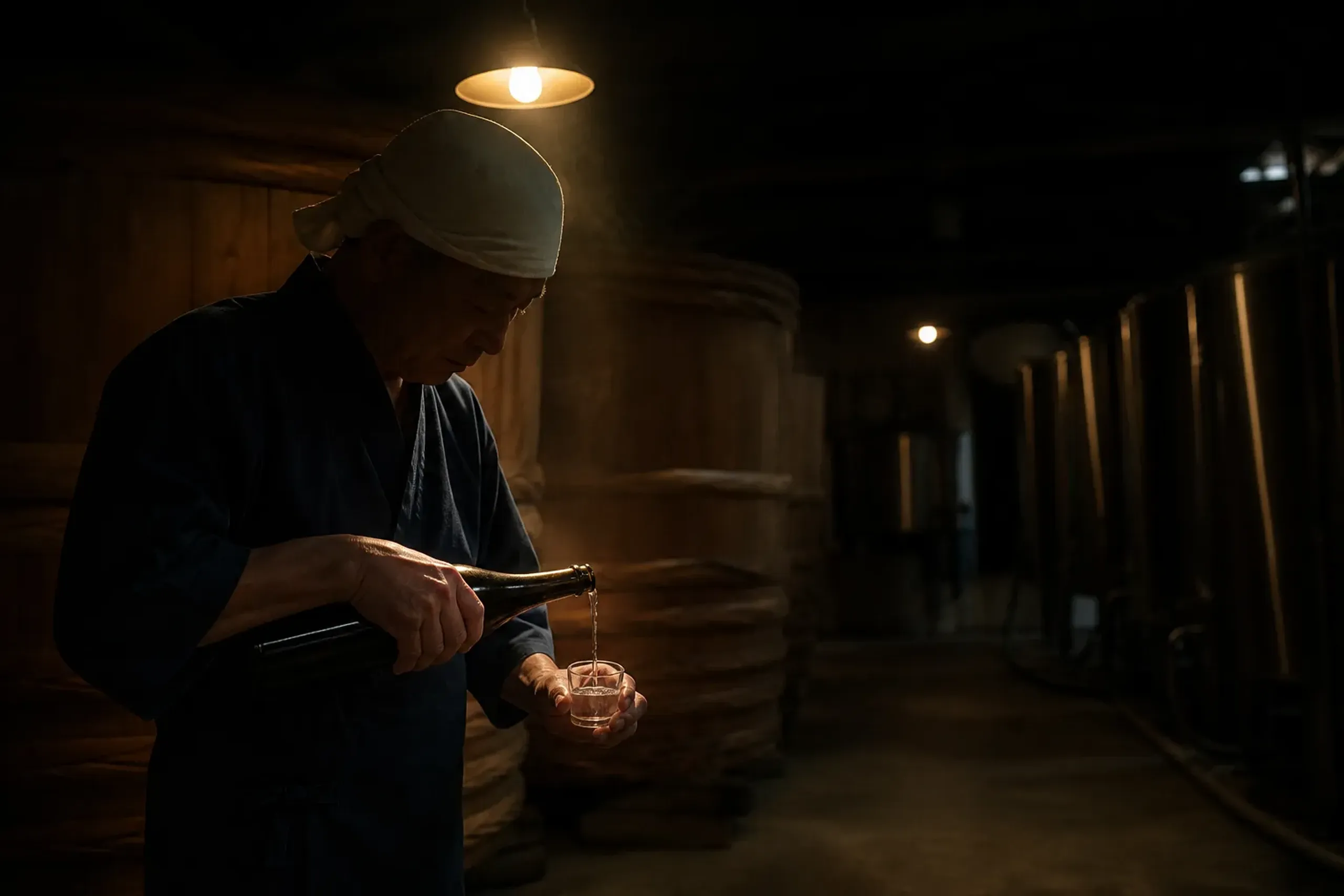 A master brewer pouring sake inside a quiet Niigata brewery after hours