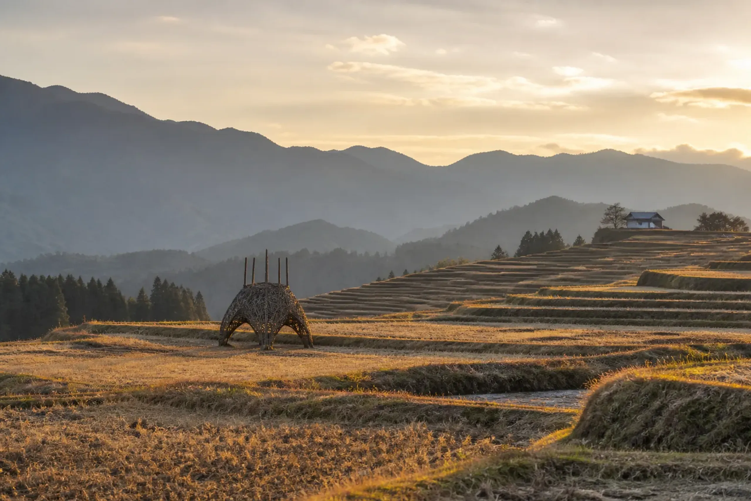 Contemporary art installation set among Niigata rice terraces at Echigo-Tsumari Art Field