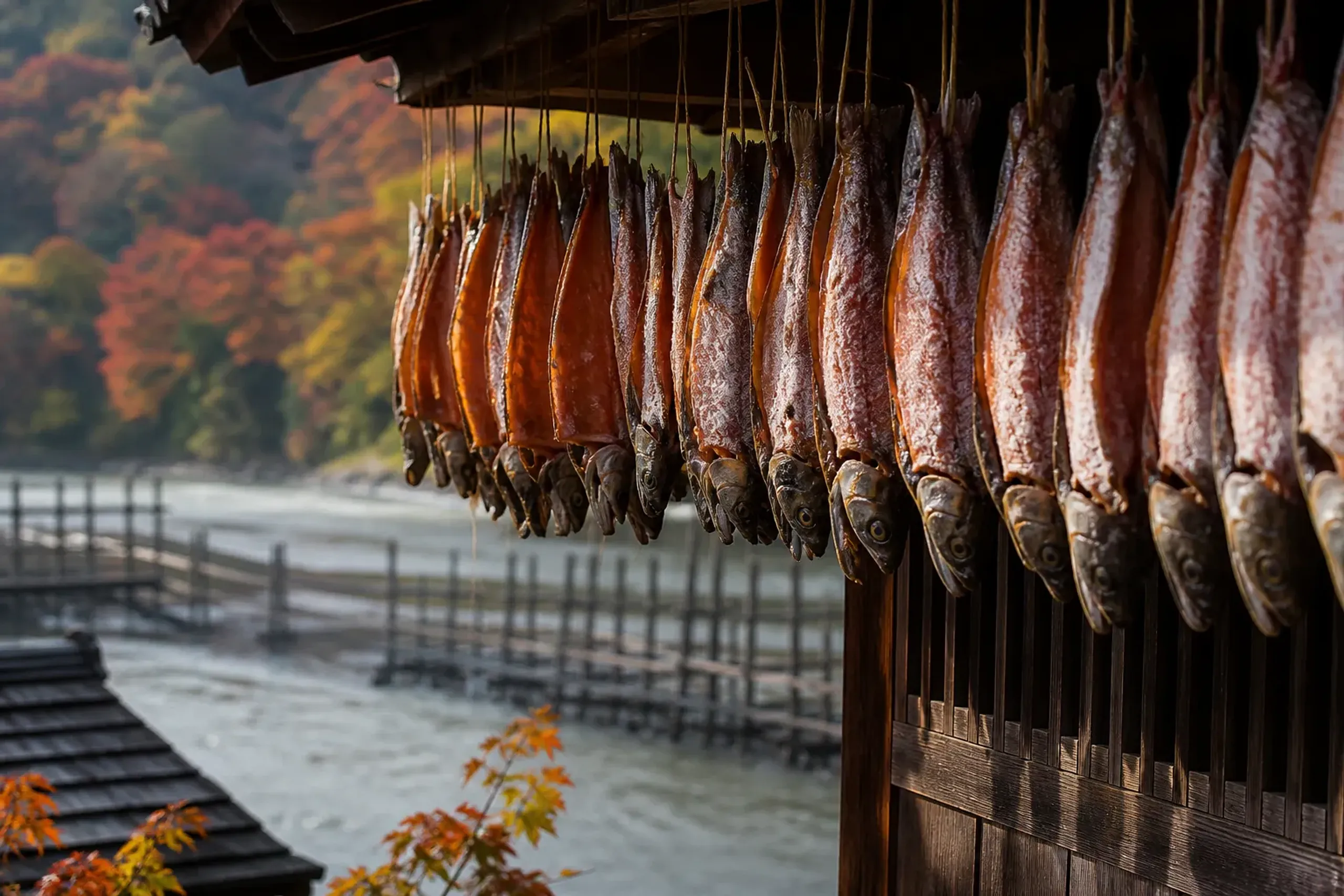 Salted salmon hung head-down to air-dry in dense rows from the wooden eaves of an old merchant house on the streets of Murakami castle town, an autumn river-trap urai fence visible along the Miomote R