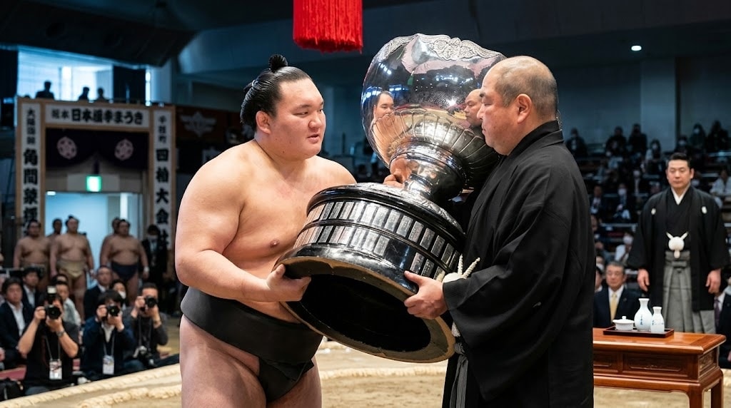 A victorious sumo wrestler holding the large silver Emperor's Cup trophy.