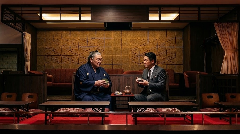 A former sumo grand champion in a kimono, greeting a guest