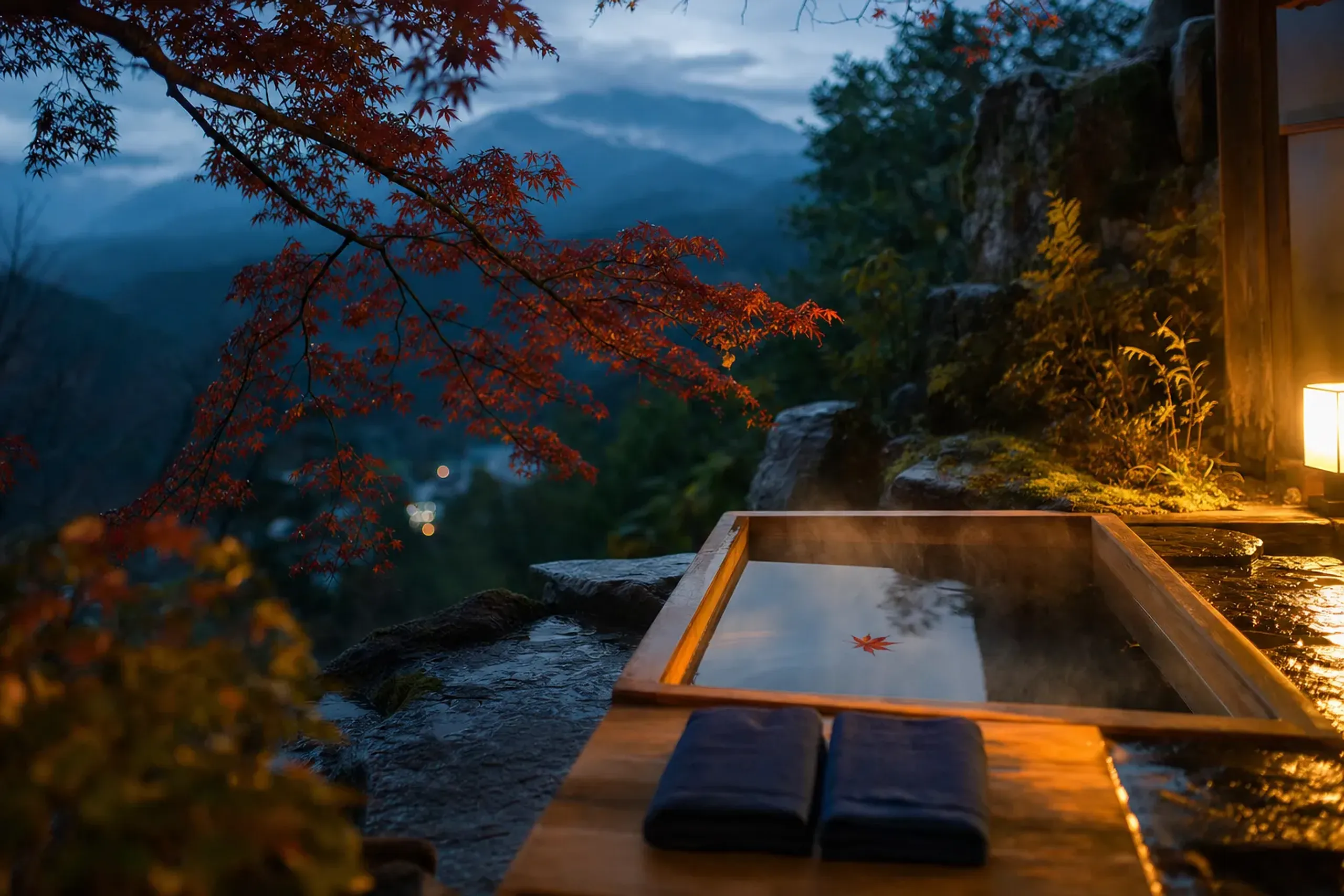 a private open-air onsen bath at a traditional ryokan in Hakone, wooden soaking tub steaming beside autumn maple foliage, wisps of vapor rising against a quiet mountain valley at dusk