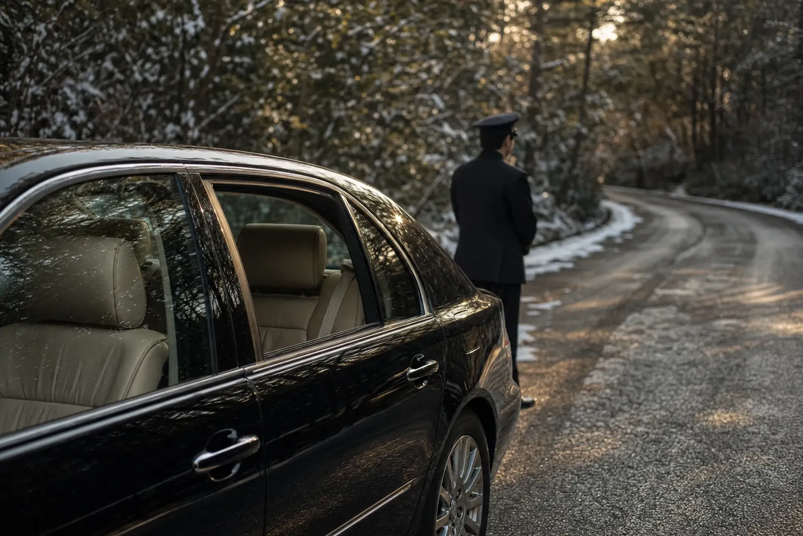 a polished black chauffeured luxury sedan parked on a quiet tree-lined Japanese road between cities, empty rear seats visible through the window, soft afternoon light